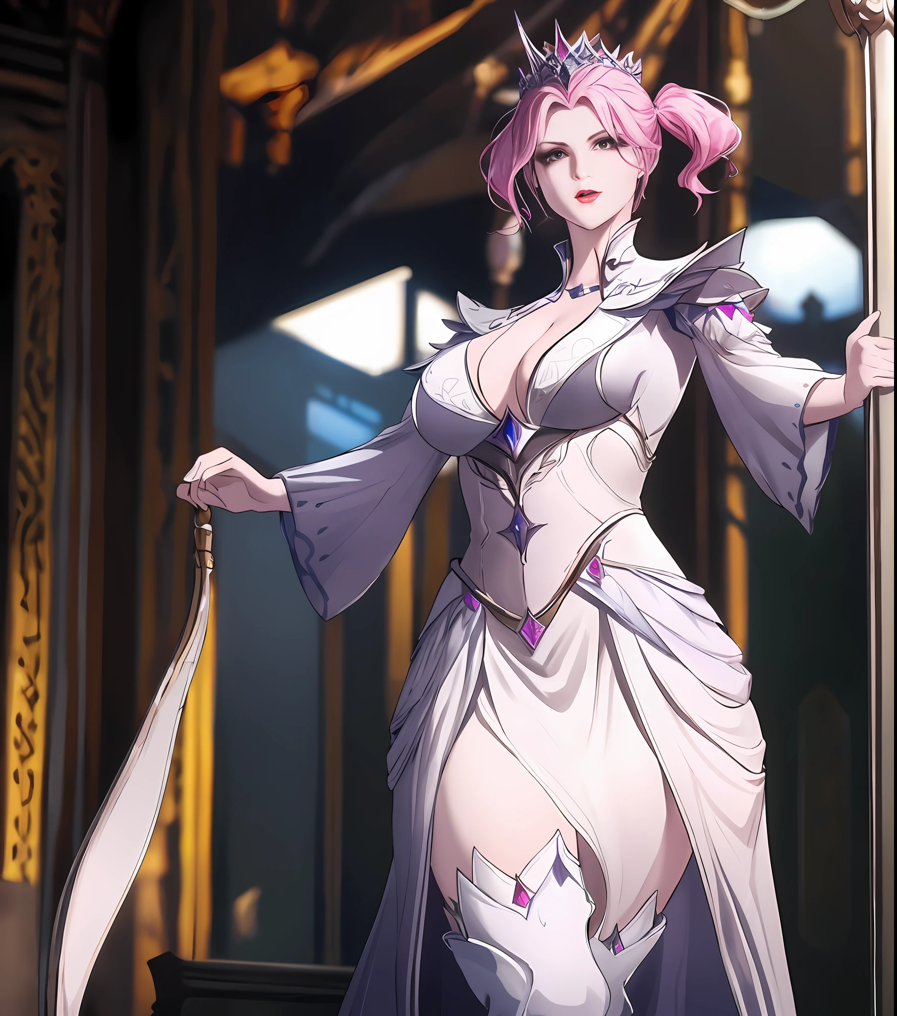 1girll, 独奏, tmasterpiece, CG, 8K, RAW photogr, pic, simple backgound, (looking at the camera in:1.2), Cowboy shooting, standing on your feet, posing on a, Hyper detailed skin, (Super detailed face:1.2), (Pink iris:1.3), eyeslashes, Black eyeliner, black eyeshadows, tiara crown, braidedhair, Tattoo on the forehead, short detailed hair, Pink hair, pony tails, beaturiful body, detailed outfits, long skirt, High slit, Separate the sleeves,big cleavage breasts, white stockings, kneeboots,tmasterpiece, High- sharpness, high high quality, Detailed face, detailed body render, exhibitionism,No bras, breasts out,, standing on your feet, Be red in the face, (In the bedroom),Full body photo,Orgasmic face