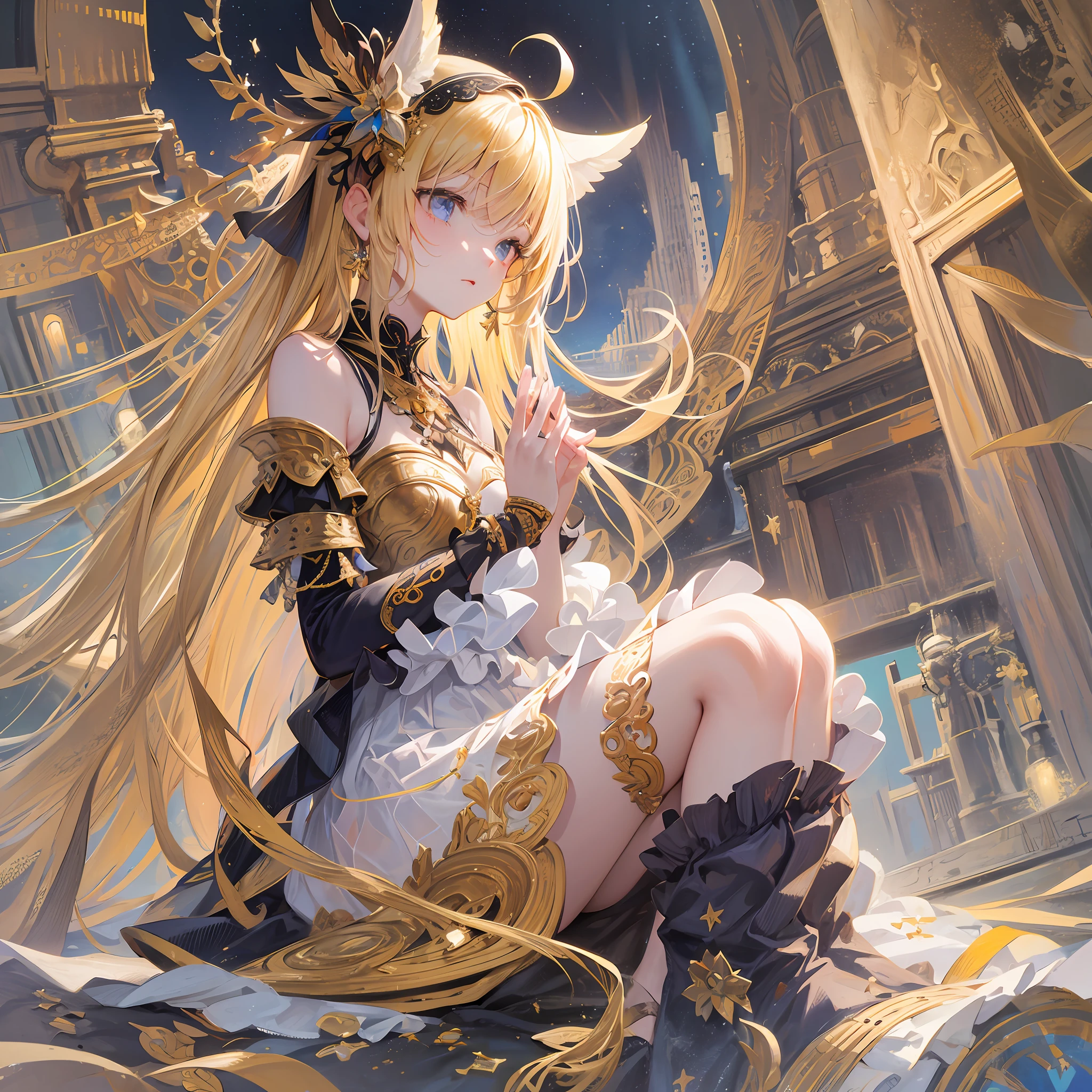 profile,full body,very wide angle shot,High saturation,Overall view,,Perspective,Starry sky,greco-roman architecture,Gothic architecture,chies,Indoors,A high resolution,Game CG,Extremely detailed Cg Unity 8K wallpaper,Detailed manga illustrations,art of light novel,intricately details,A high resolution,angel,Solo,Petite,angelicales,Dragon girl,lolita fashion,Slim waist,Princess,Teenage uncensored,young girl,Babe,ahoge,Very_Long_Hair,Blonde hair,Shiny hair,Blonde_Hair,Blonde_Hair/Yellow_Eyes,looking at the distance,pray,Floating,Own hands together,Detail fingers,Knees Together,Feet up,anklet,Serious,Beautiful detailed eyes,Eyes,shoulder cutout,halter dress ,off the shoulder dress,White transparent skirt,Long skirt,Pleated dress,White pantyhose,kneehighs,White_upper legs,mary_janes,thigh band,Hair ribbon,Hair accessories Hair bow,Cross necklace,Headband,Tiny_chest,Beautiful detailed sky,Ray tracing,Masterpiece,Clear picture,Pedras preciosas,ahoge,leg loops,