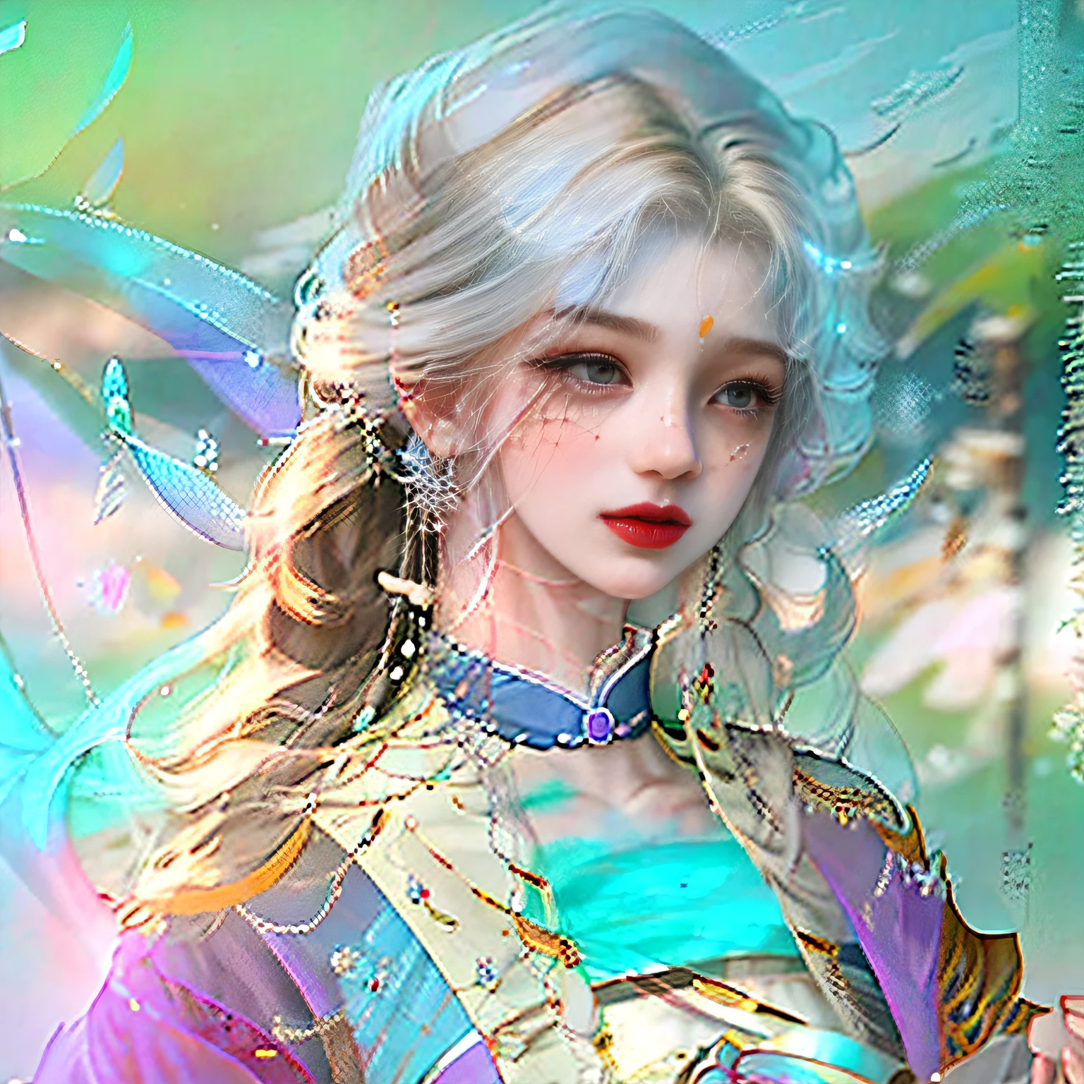 The delicate appearance of the two-dimensional girl is full of mystery，Beautiful fantasy action。A flowing dress，Complicated details，Beautiful flowing long hair，,extremely colorful，,gorgeous sacred girl，Best quality at best --auto