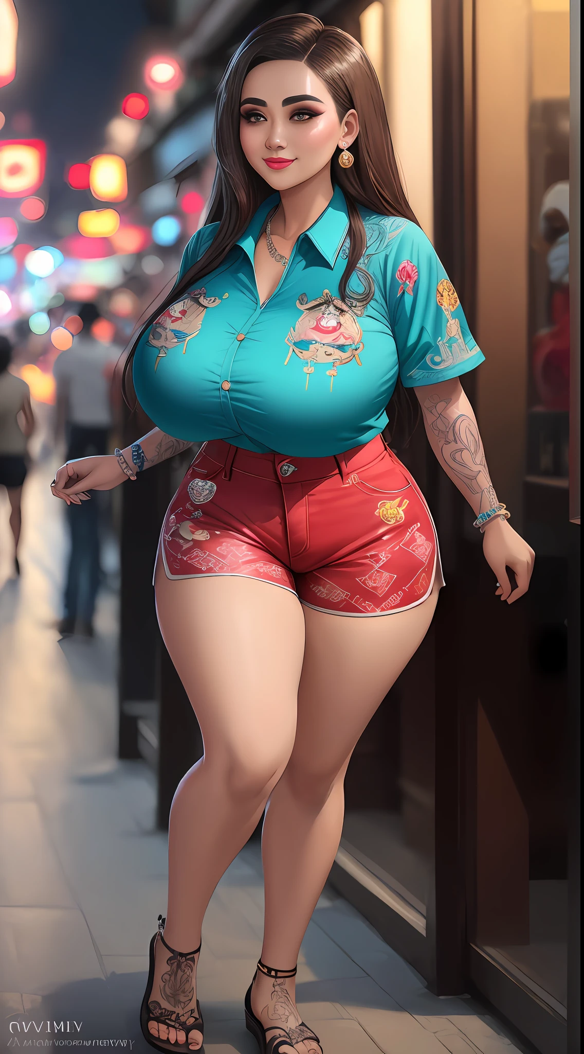 (masterpiece photography of a solo:1.2) (full body) alluring sexy curvy Sundanese Supermodel Wina Dana Riniy warrier walking in style on Bandung street, curvy, voluptuous, busty, thick, big breast, sexy, exotics, (wearing Blingy jewel encrusted sexy shirt & embroidered shorts:1.3). hip hop energy, maximalism, (heavily tattooed:1.3), (sundanese makeup & jewelry:1.2) long brown hair with highlights,, vivacious, lustful glance, exhilarated (beautiful detailed eyes:1.1) , (flirty bright smile:1.2), blingy shopping district,(intense dramatic light:1.4), backlit, light rays, highly detailed, trending on artstation, paint splashes, rich colour, dazzling lights all around, (perfect brunette hairstyles), abstract portrait, by Atey Ghailan