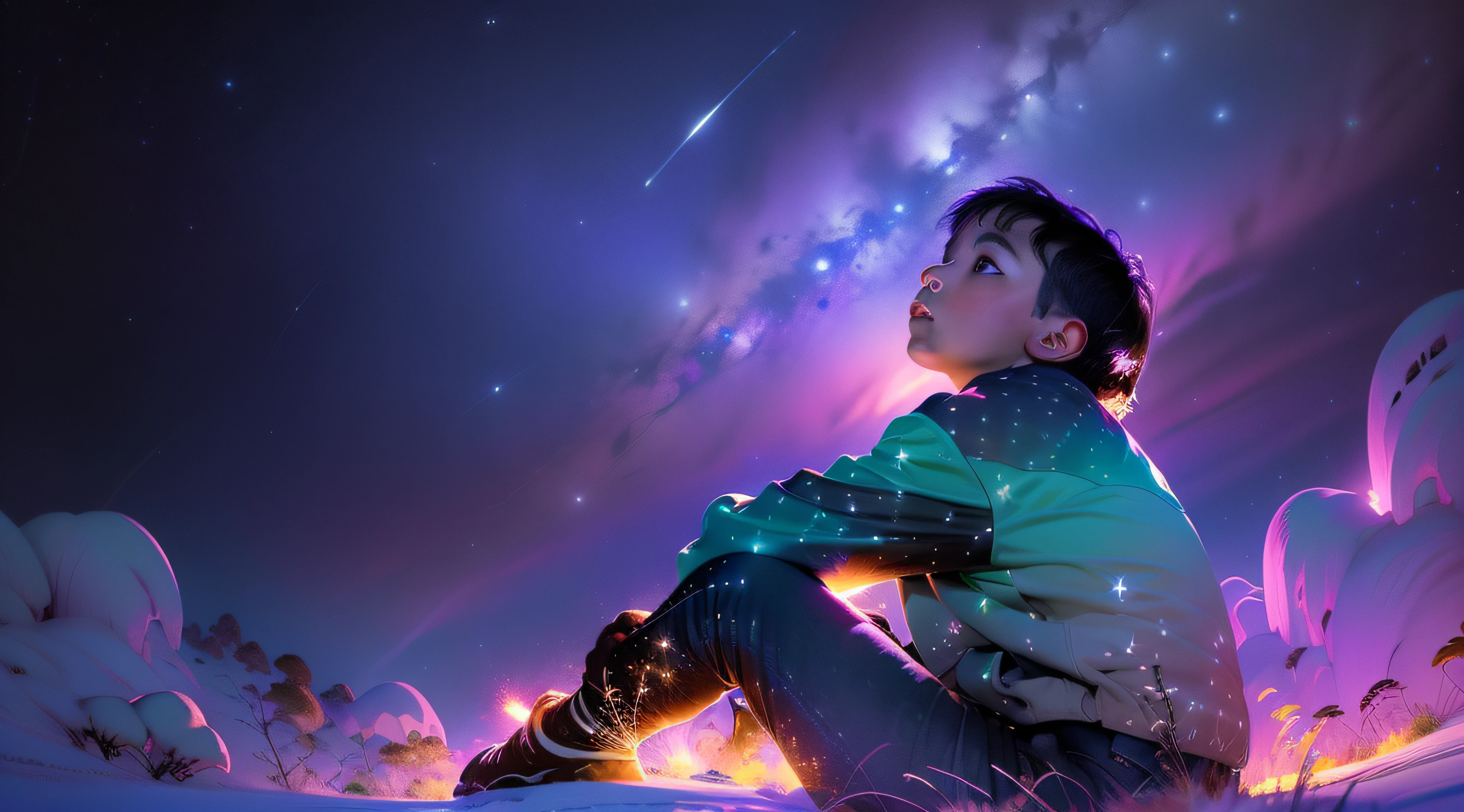 Speed painting of a boy sitting on the right side and looking up at a dazzling night sky, pincel strokes +, Epic composition, cores vivas, estrelas,ultrarealista, ultraqualidade.