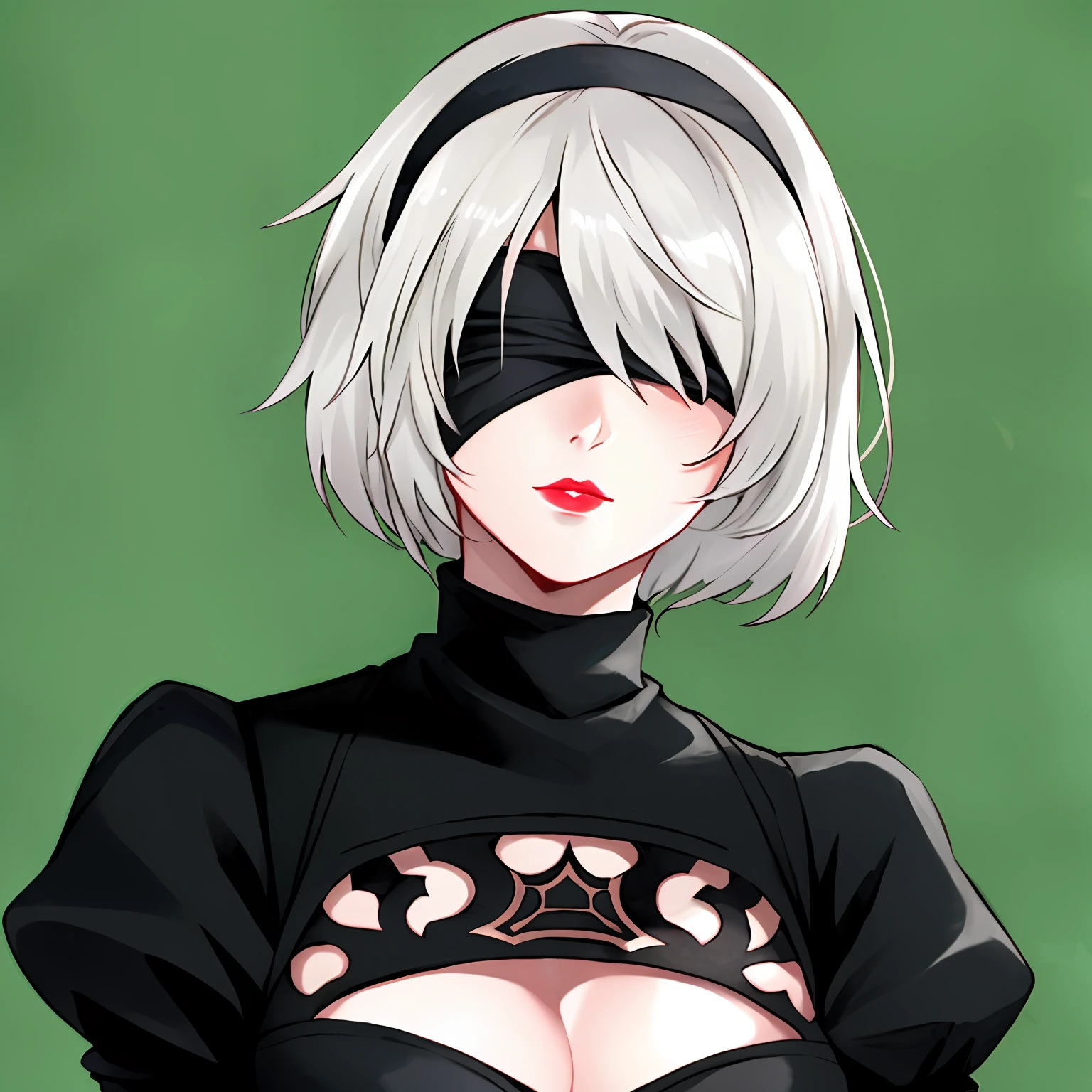 yorha no. 2 type b, 1girl, wlop, (blindfold), breasts, cleavage, cleavage cutout, clothing cutout, green background, hair between eyes, hairband, highres, juliet sleeves, long sleeves, nier (series), nier automata, puffy sleeves, red lips, shaded face, short hair, solo, turtleneck, upper body, white hair, sky