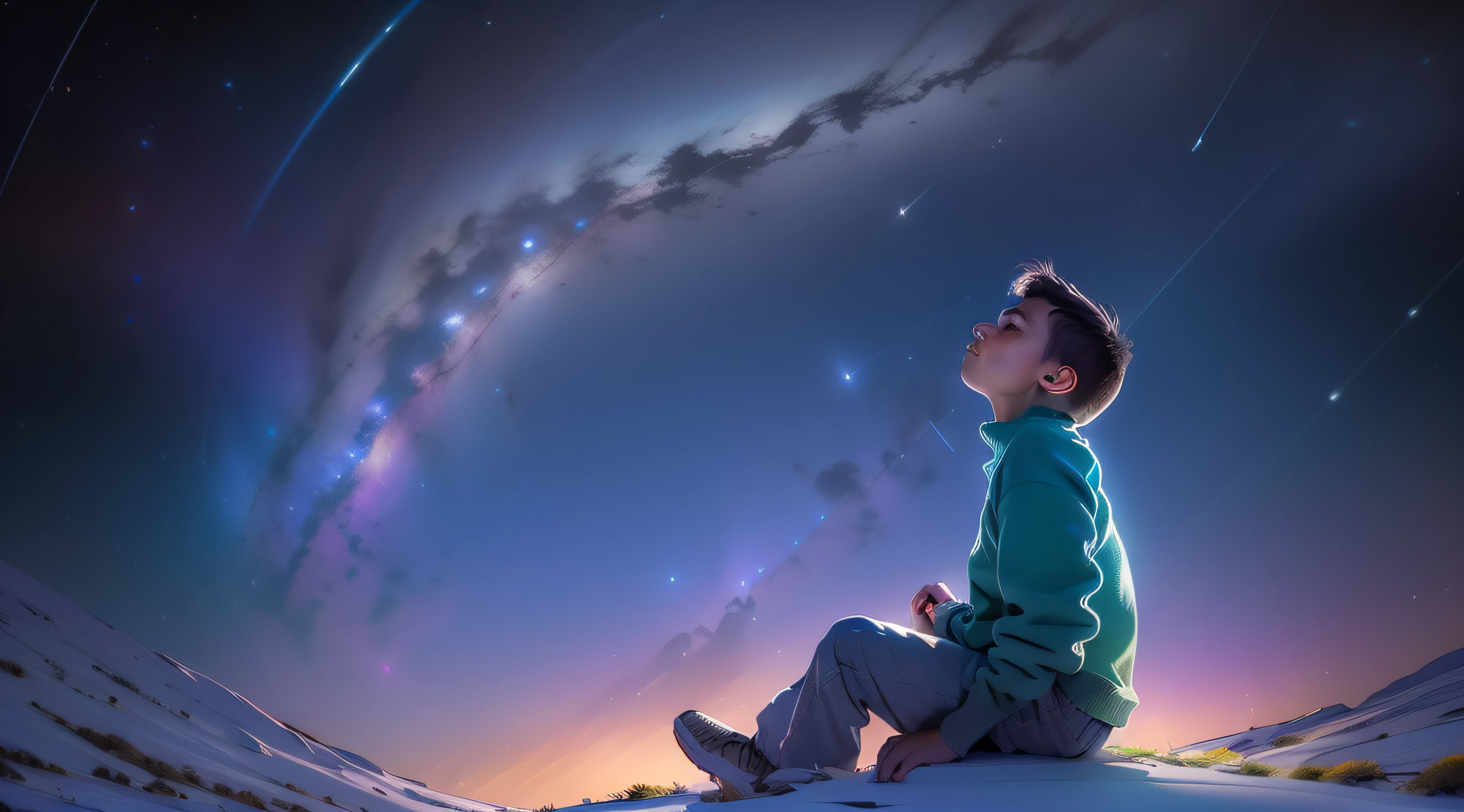 Speed painting of a boy sitting on the right side and looking up at a dazzling night sky, pincel strokes +, Epic composition, cores vivas, estrelas,ultrarealista, ultraqualidade.