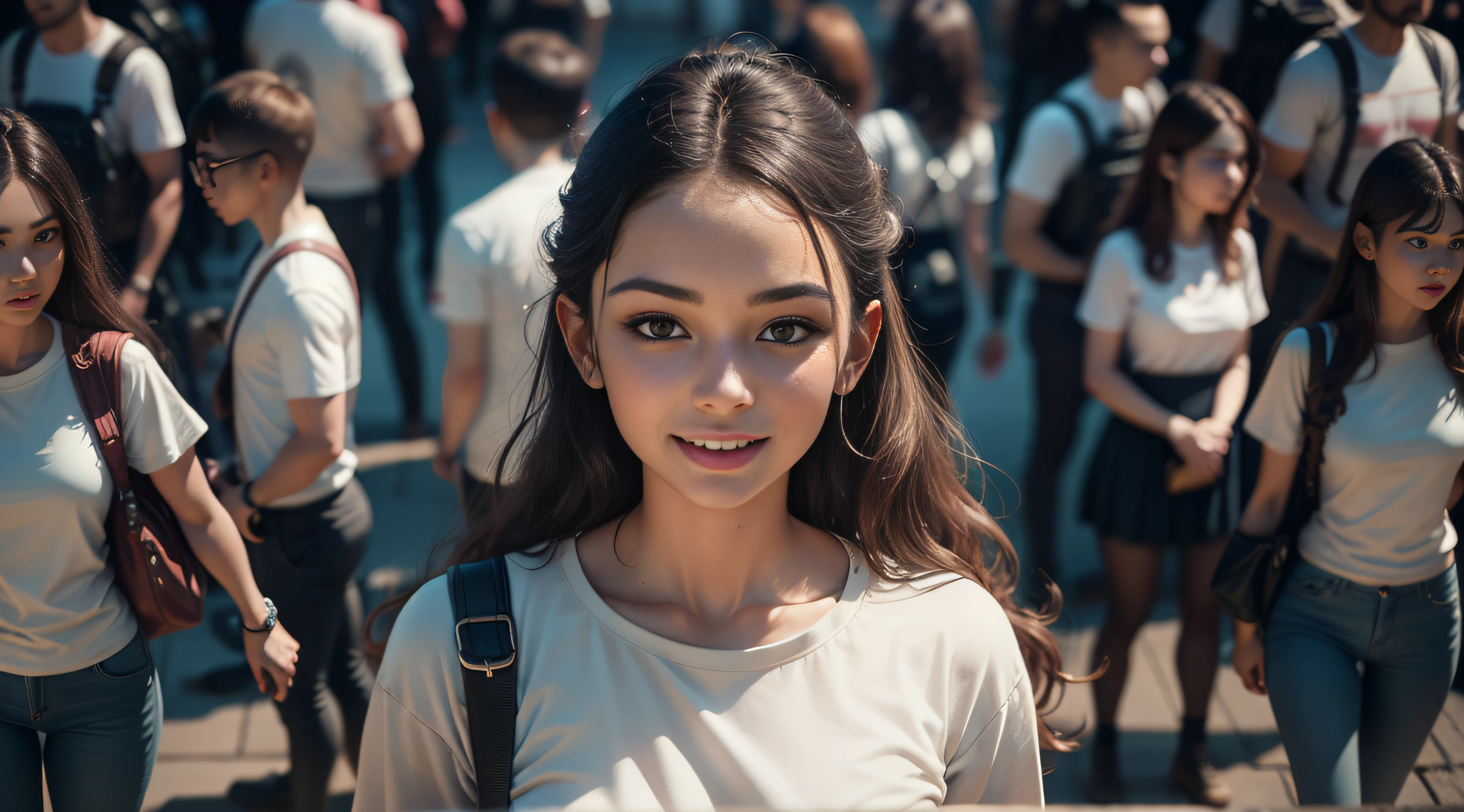 low view, maximum quality, photorealism, 8k, film, high resolution, floating, general plan, amplitude, no gravity, young students, 8k, maximum quality, children, all colors, teenagers, boys, girls, smiling, with school clothes, jeans, white t-shirt, 8k, maximum quality, full body, perfect face, detailed skin, intricate details, open arms, detailed hands, 5 fingers, in the foreground,  general plan, 8k, outdoor, floating, 8k, maximum quality, 8k, background of a futuristic city, sinuous buildings, metal, glass, concrete, dramatic light, view from above, general plan, medium depth of field, lomography, neon, maximum quality, beautiful, masterpiece, photorealism, 8k, realistic high resolution texture, film grain, film, cinematic