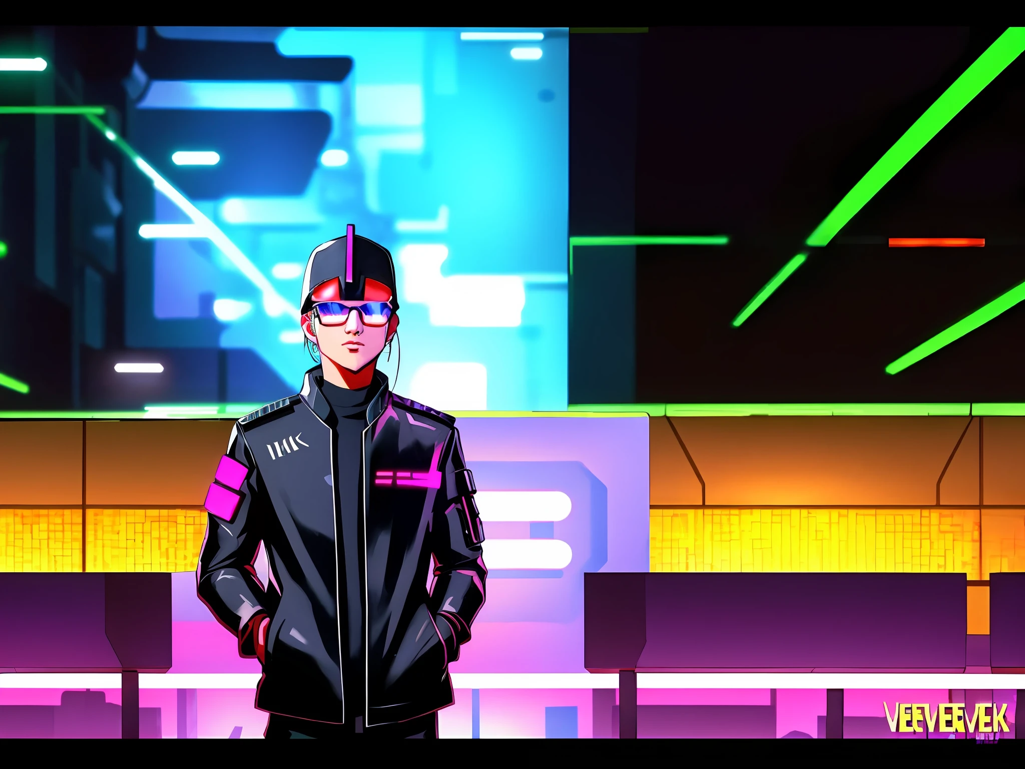 a man in a black jacket and glasses stands in front of a futuristic city, vr game, cyberpunk vibe, cyberpunk vibes, deeper into the metaverse we go, has cyberpunk style, cyberpunk theme, in cyber punk 2077, cyberpunk futuristic, cyberpunk future, synthwave, wearing cyberpunk streetwear, futuristic cyberpunk, cyberpunk tech, retro cyberpunk, synthwave style