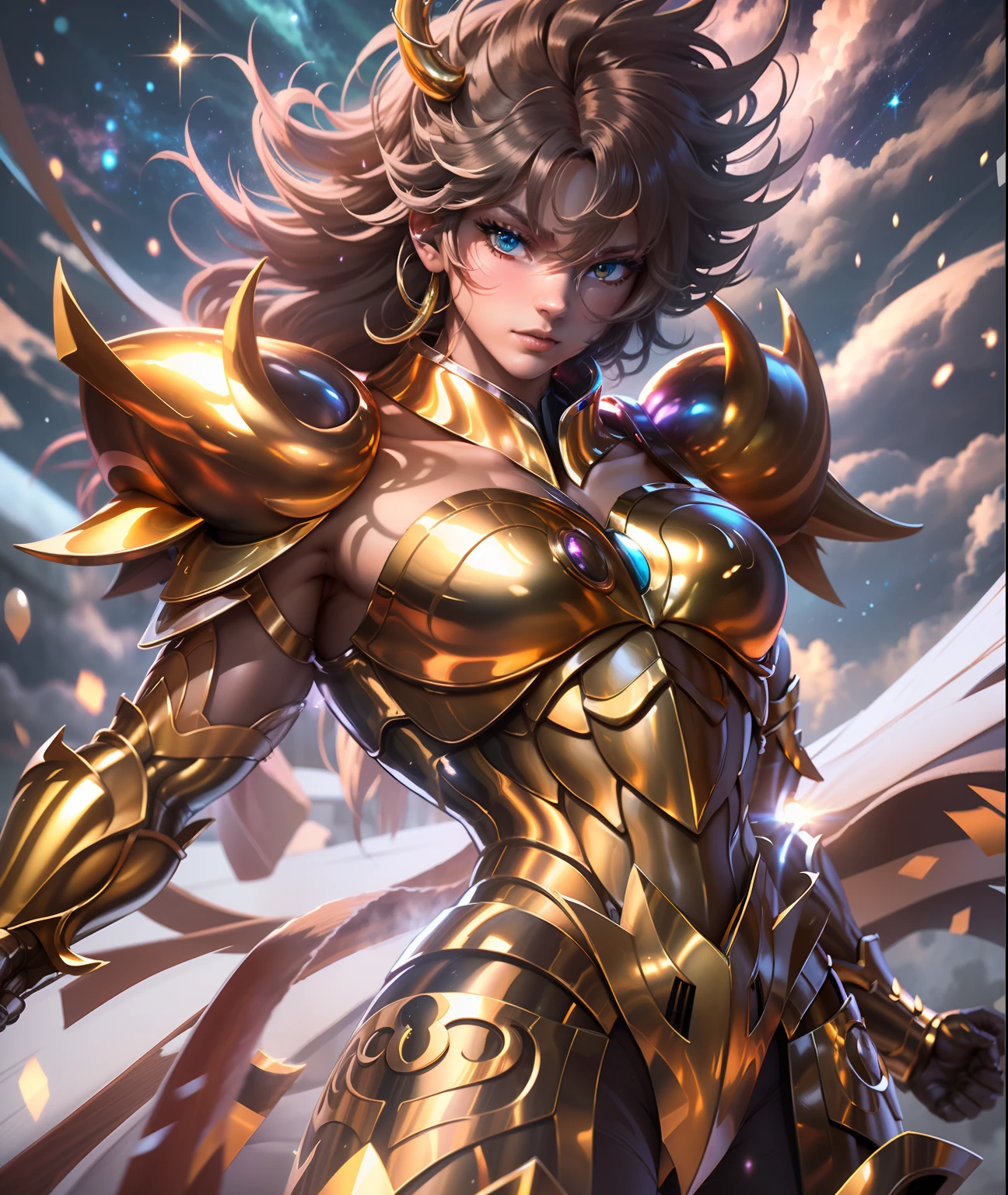 Ultra-high saturation，（tmasterpiece）， fully body photo，（best qualtiy）， （1girll）， starryskybackground，Wearing shiny gold armor， Sexy lingerie type armor，Expose your chest，Expose the waistline，Exposing thighs，cool-pose， Saint Seiya Armor， messy  hair，high detal, Anime style, Cinematic lighting, Sparkle, god light, Ray traching, filmgrain, hyper HD, textureskin, super detailing, Anatomical correct, A high resolution，Ultra-high saturation，hight contrast，High-gloss armor，Smooth skin，serious expressions