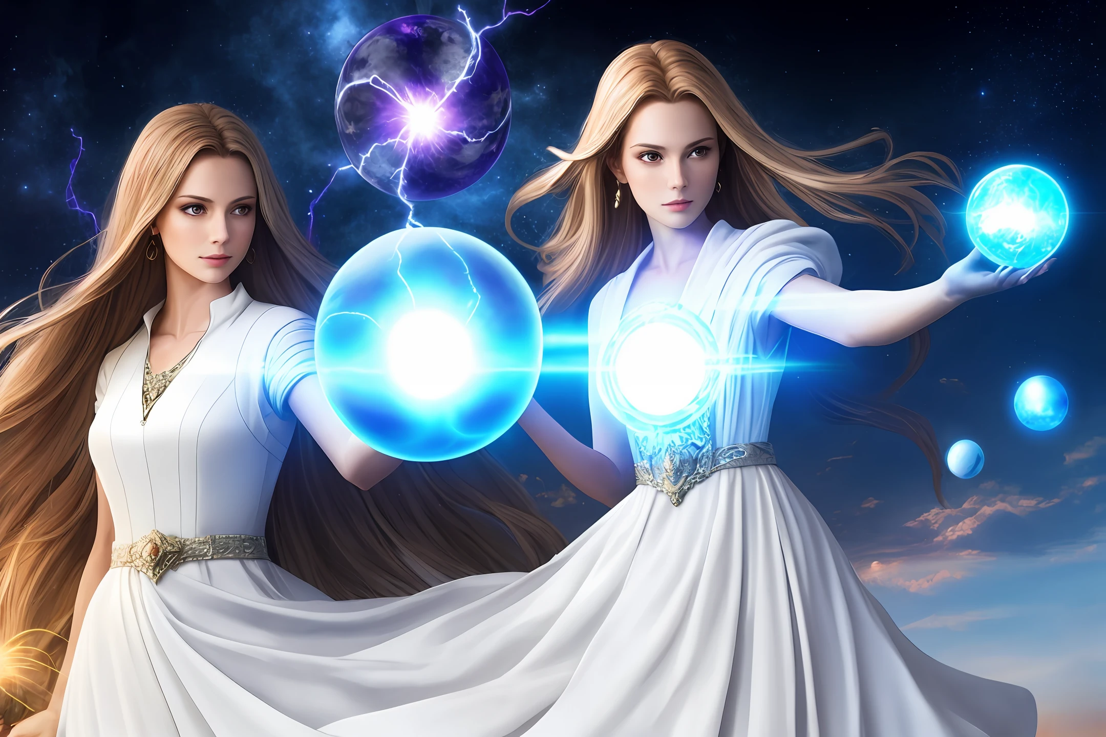 Photo realistic image of a female wizard, white dress, energy orb in hand