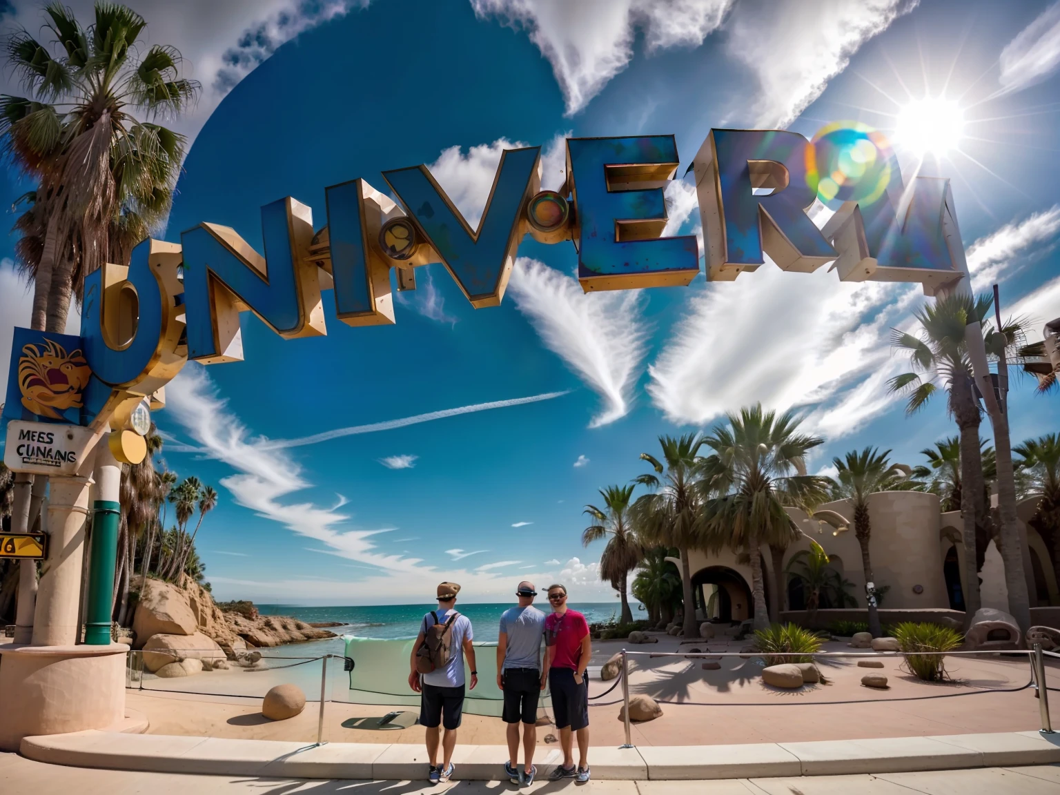 There were two people standing in front of a big sign, universal, universal background, Universal shadows, Disney!!, vacation photo, There was a time when we didn't have life, 🪔 🎨;🌞🌄, with earth in the background, taken on iphone 14 pro, Universe, taken on iphone 1 3 pro, taken in 2 0 2 0, exclusive