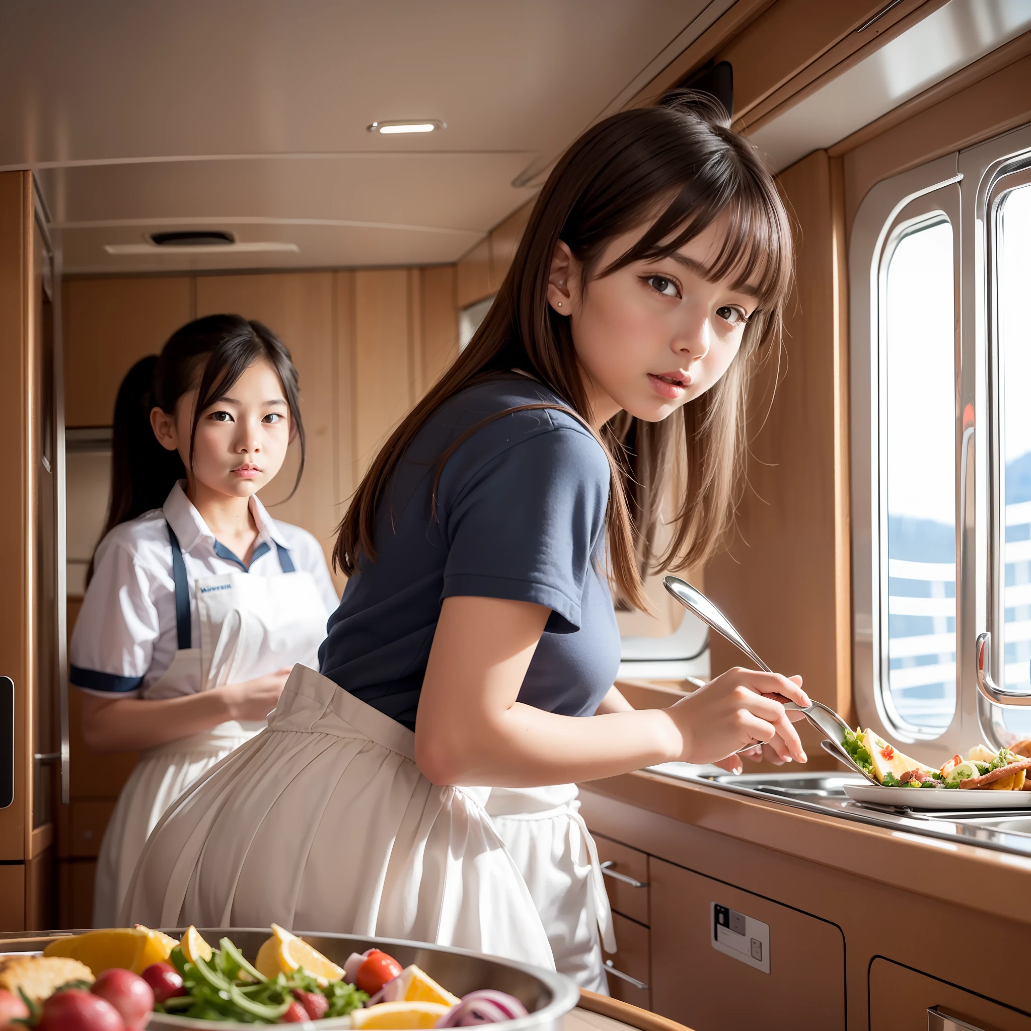 On a super-large cruise ship,Five delicate cute little girls with upturned asses,junior school student,Cooking in the yacht