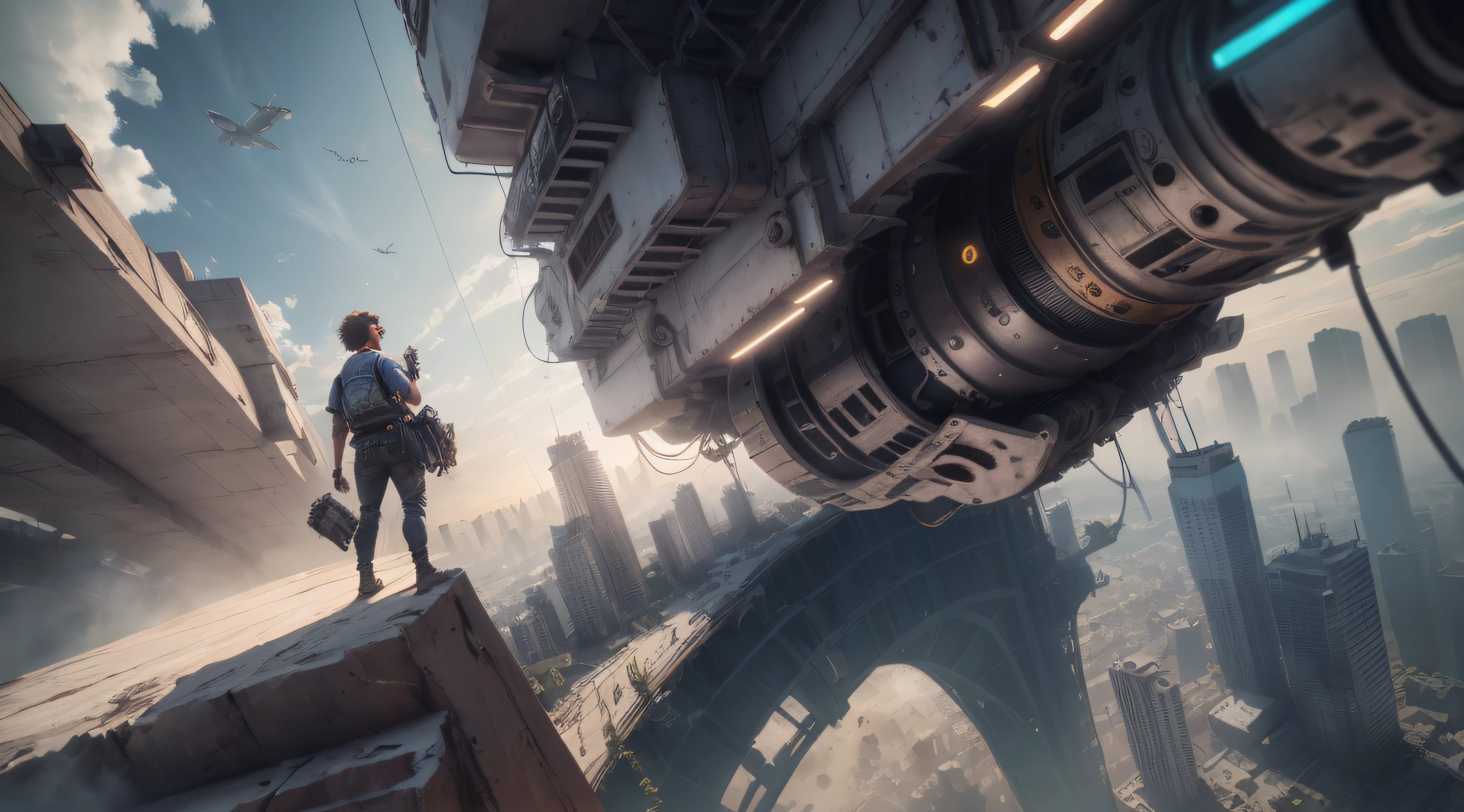 There's a man standing on a ledge with a backpack, 3 d render bipe, cinematic beeple, Realismo | Bipe, Artgem e Beeple Masterpiece, Beeple e Tim Hildebrandt, cinematic photograph concept art, em estilo de bipe, inspirado em Beeple, Beeple e Greg Rutkowski, detalhes intrincados, 16k, materiais realistas, pbr, IOR, especular, dramatic light,
