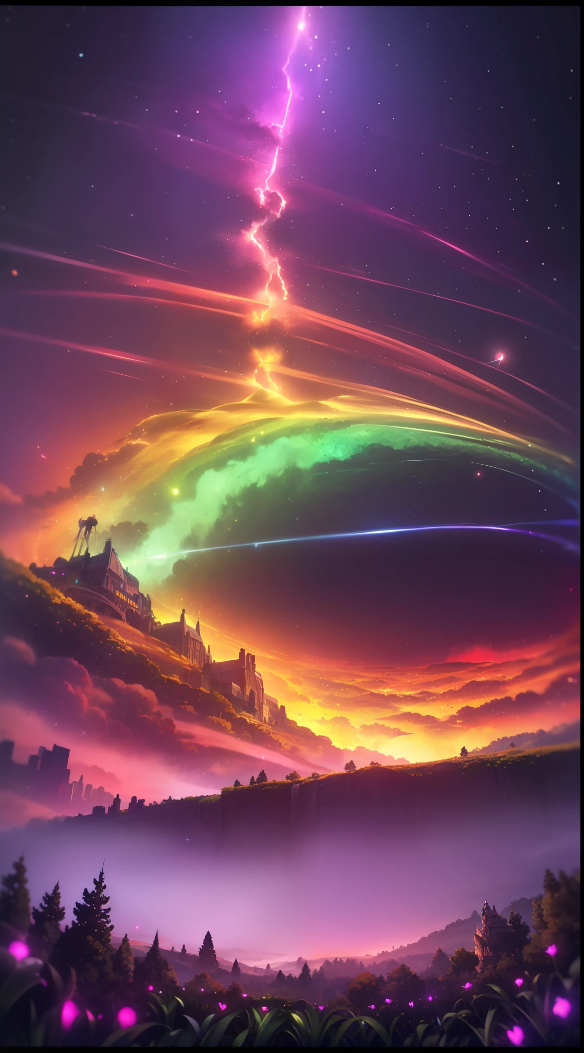 Vast landscape photos、(The sky is up as seen from below、The field is down)、Girl standing in a flower garden and looking up、(fullmoon:1.2)、(meteors:0.9)、(nebulas:1.3)、mountain in the distance々、The tree々 BREAK Craft Art、(Warm light:1.2)、(fireflys:1.2)、A light、lightning bolt、Lots of Purples and Oranges、intricate detailes、voluminous lighting、Realism Break(​master piece: 1.2), (Top image quality), 8K, The ultra-detailliert, (dynamic compositions: 1.4), ighly detailed, Colorful Detail, (Rainbow Color: 1.2), (Glow lighting, Atmosphere Lighting), dream-like, Magical, (独奏: 1.2)