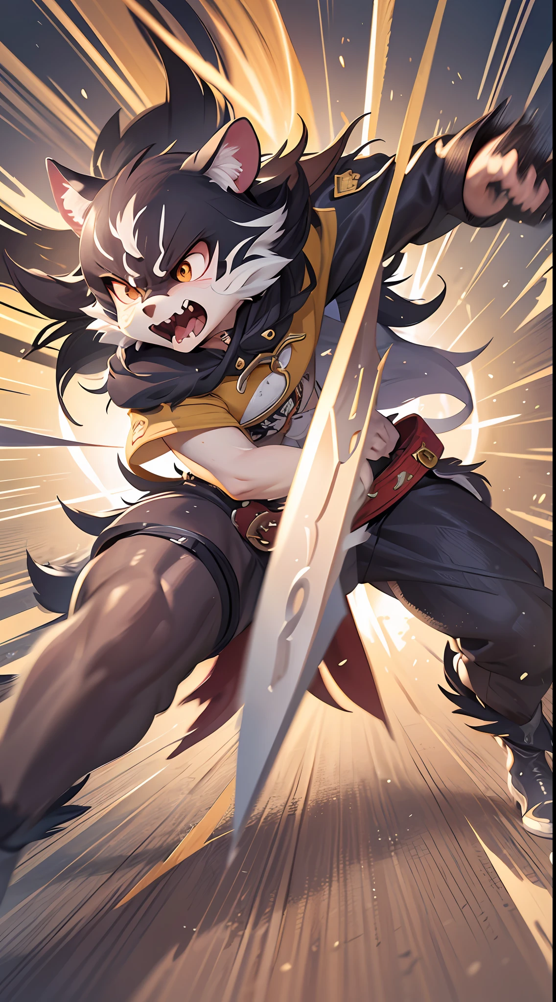 top quality, high-quality illustrations((masterpiece))An extreme perspective with a powerful composition, depth of field, motion blur, absurdres, Perfect Anatomy, magnificent picture of kemono fighting fierce battles, kemono, 1boy, solo focus, screaming, Anthro((dramatic))epic, weapon, dynamic pose, One scene of movie,