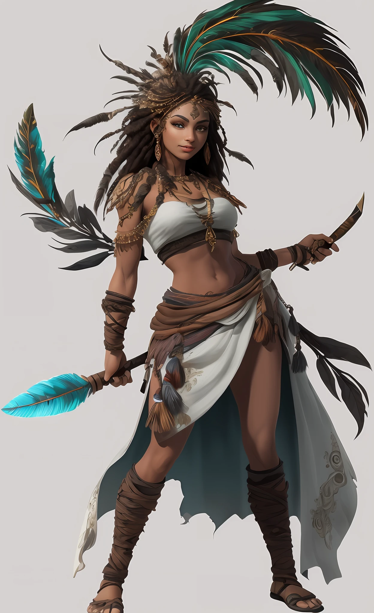 (1 Beautiful girl in the North),((Full body standing painting,dynamicposes)),Stone Age,Primitive barbarian style,long leges,Peacock feather decoration,highly details eye,详细的脸,Nature, Black color hair, Bones make weapons,white backgrounid,character concept, character art,tmasterpiece,best qualtiy,Best resolution,8K