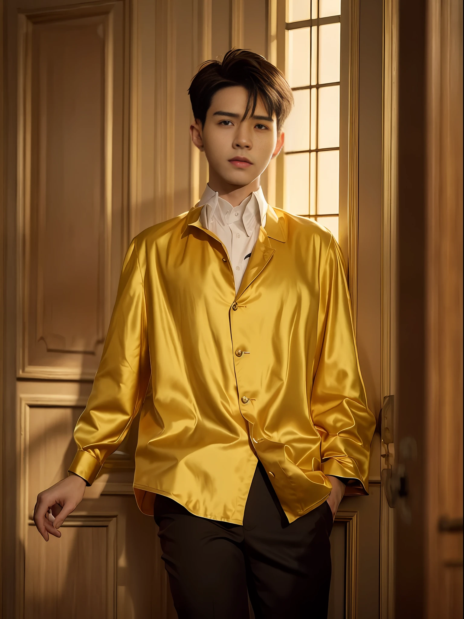 best quality, masterpiece, (photorealistic:1.4), 1youthful man,22 years-old, ultra high detail face,solo, short hair, big eyes, coat,long sleeves, upper body, dramatic lighting, Yellow satin shirt,looking at viewer, standing, indoors, living room, tables, carpet, wooden floor, decorations, window, sunshin