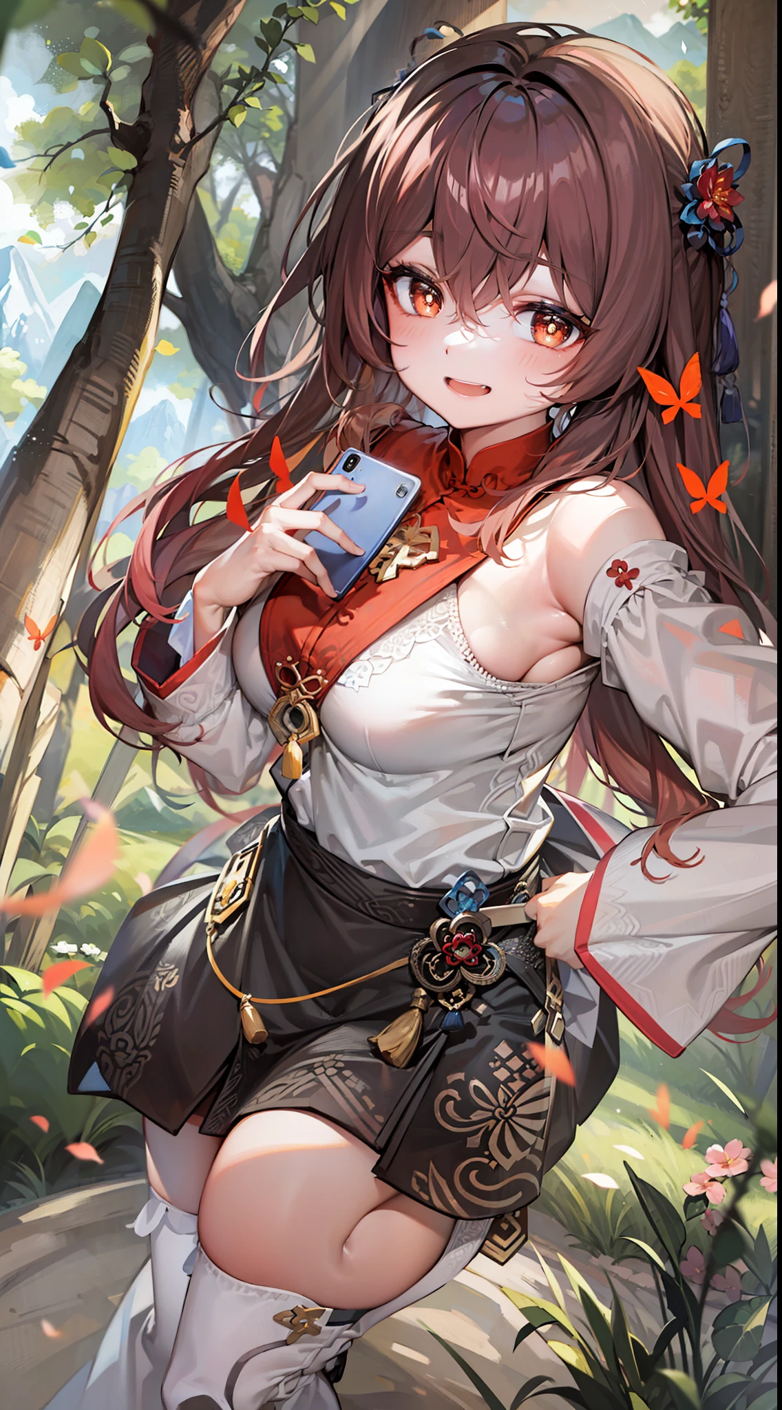 (Selfie:1.3), masterpiece, 8k wallpaper, absurdres, best quality, dynamic angle, cinematic lighting, 1girl, small breasts, cute, delicate, hu tao(genshin impact), brown hair, chinese halter dress, long hair, hair between eyes, show shoulders, very happy, big smile, show teeth, (detailed red eyes, symbol shaped pupils), extremely detailed background, outdoors, nature, trees, sun, bushes, [butterflies, animals], mountains, sun,