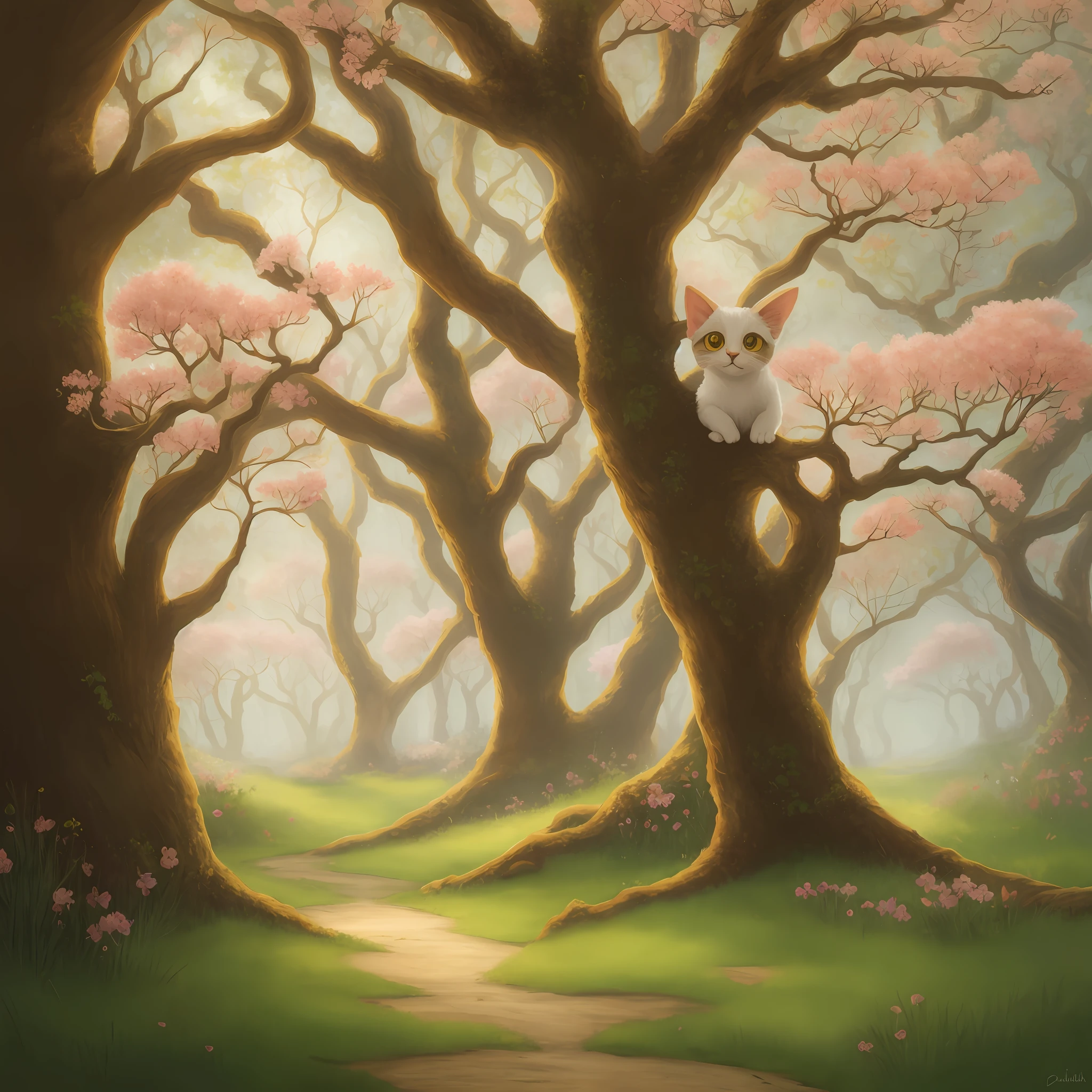 Painting of a cat sitting on a tree with pink flowers, floresta de flores de cerejeira, painting digital adorable, Fantasia pintura fosca,fofo, whimsical fantasy landscape art, Perdidos em uma paisagem de fadas sonhadoras, Pikachu em uma floresta, Uma floresta com coelhos, Gato na floresta, in a magical forest, exuberante floresta de fadas, arte digital detalhada bonito, Floresta de Conto de Fadas, springtime morning, floresta extravagante