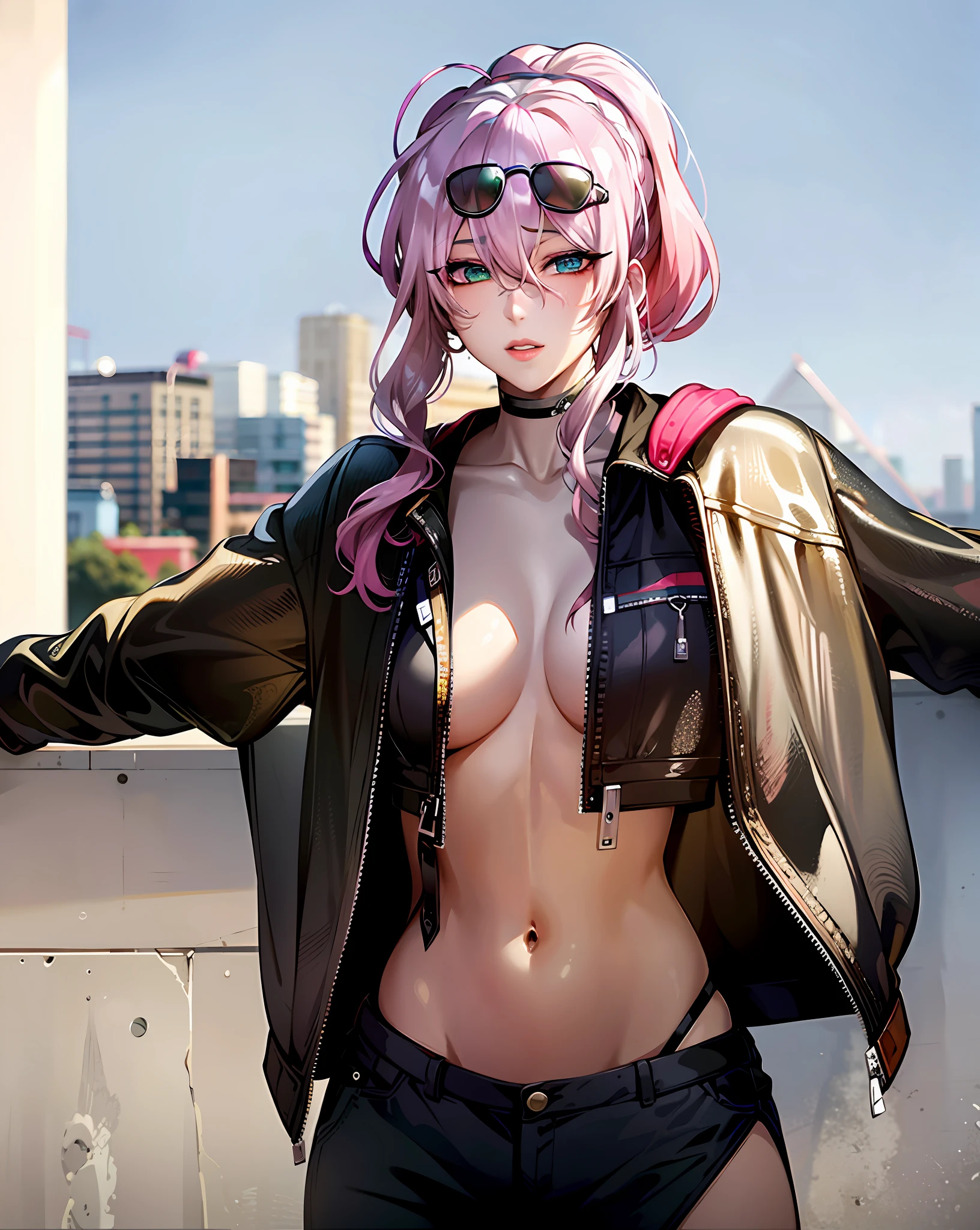 Araf woman with pink hair and sunglasses posing on balcony, roseanne park of blackpink, jossi of blackpink, with pink hair, portrait of jossi of blackpink, With sunglasses, wearing cyberpunk leather jacket, sun yunjoo, ava max, jisoo from blackpink, cruel korean goth girl, Kim Tae-joon, jisoo of blackpink, On a sunny day