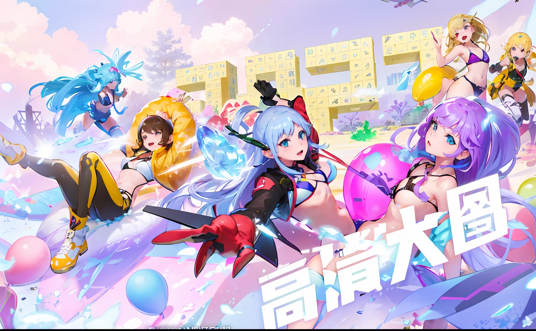 A group of anime characters flying through the air with balloons, Official artwork, promotional art, Official Splash Art, macross delta splash art, 2 0 2 0 s promotional art, Mobile game art, kda, key art, official fanart, macross frontier splash art, high detailed official artwork, offcial art, mobile game, promotional artwork, movie promotional art，Bikini swimsuit，5girls