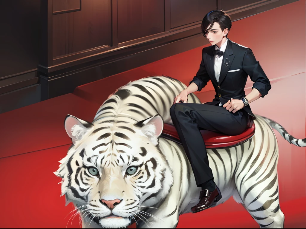 Black-haired young man riding on a white tiger ,4K