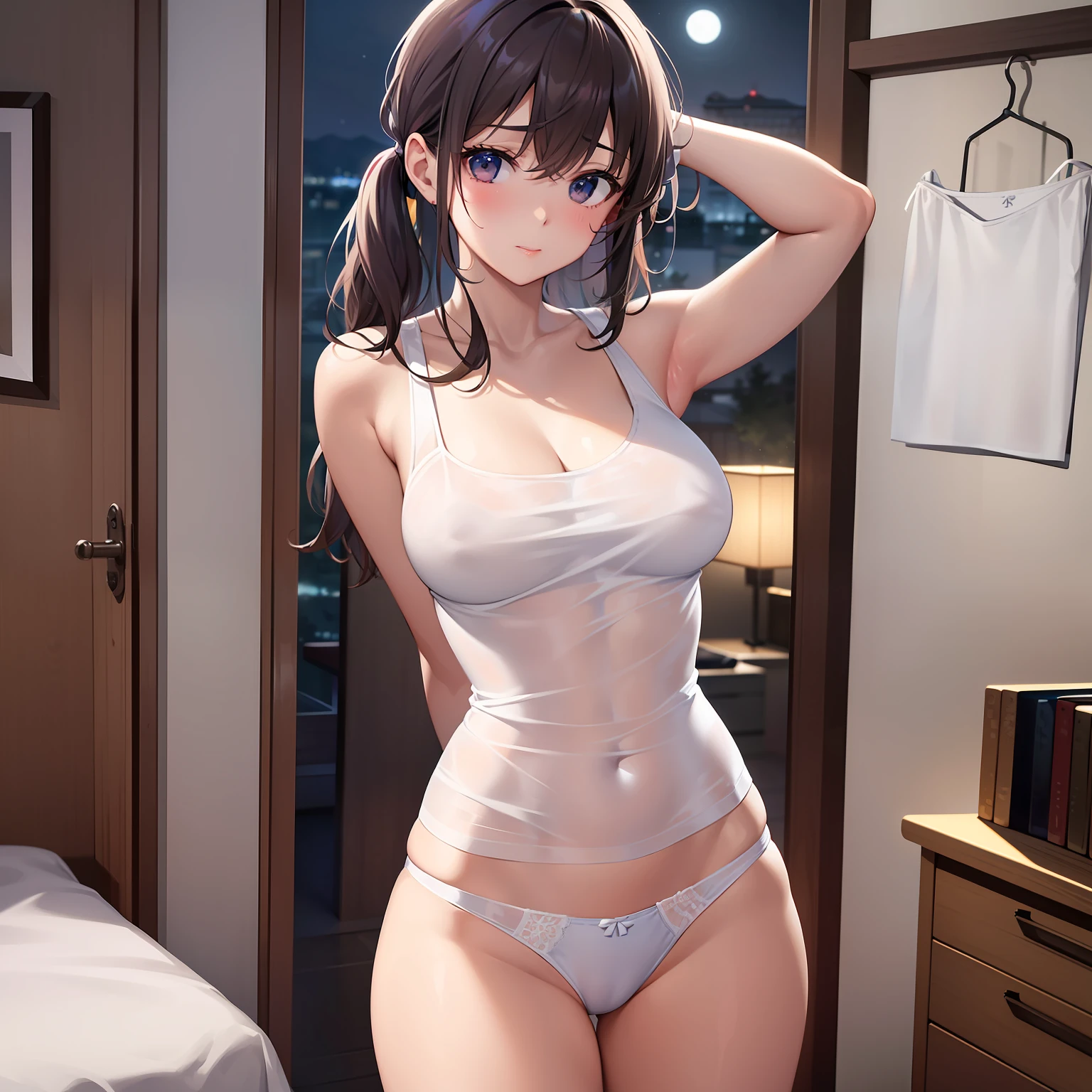 (​masterpiece、top-quality、hight resolution、photos realistic、real looking skin:1.1)、1 Japan Girl、独奏、full bodyesbian、thicc、Beautiful eyes、Shining eyes、embarrassed from、short twintails、no bra、(Sheer white tank top:1.5)、(Fully exposed panties:1.5)、is standing、(arms behind back:1.5)、(Bedroom at night:1.5)、(Simple cotton panties:1.5)、nsfw