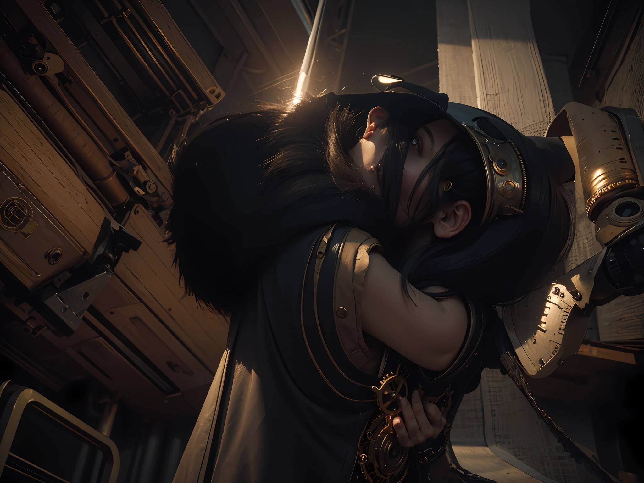 ((Masterpiece))), ((Best Quality))), ((Ultra Detailed)), (Surreal), (Highly Detailed CG Illustration), Cinematic Light, Realistic, Handsome Old Man, (Wrinkled Face and Beard), Intricate Details, Full View, Weapon, Robotic Arm, Cinematic Quality, Full Body, Short Black Hair, ((Steampunk))
