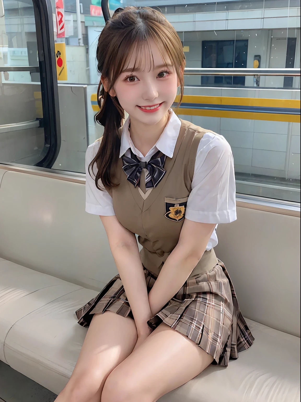 best quality, masterpiece, ultra high res, (photorealistic:1.4), RAW photo,cinematic lighting,(a japanese girl in a short skirt and bow tie sitting on a train:1.2),20 years old,big breasts,(detailed beautiful face:1.5),(real skin:1.5),slender,(thin legs:1.5),(big eyes:1.2),(smiling:1.3),(ponytail:1.5),cute schoolgirl, japanese girl school uniform, wearing japanese school uniform, japanese school uniform, a hyperrealistic schoolgirl, dressed as schoolgirl, hyperrealistic schoolgirl, wearing school uniform, realistic schoolgirl, girl wearing uniform, wearing a school uniform, of a schoolgirl posing, full body, nice skin, glowing skin, nice thighs,glowing thigh, glowing legs,