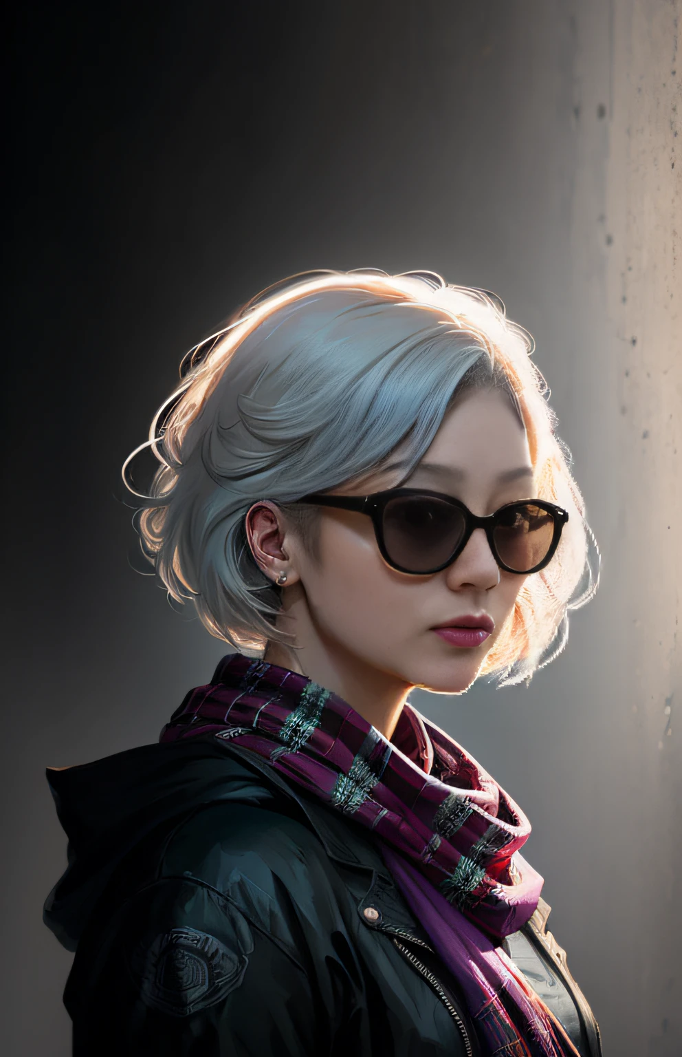 (dark shot:1.1), epic realistic, portrait of halo, sunglasses, blue eyes, tartan scarf, white hair by atey ghailan, by greg rutkowski, by greg tocchini, by james gilleard, by joe fenton, by kaethe butcher, gradient yellow, black, brown and magenta color scheme, grunge aesthetic!!! graffiti tag wall background, art by greg rutkowski and artgerm, soft cinematic light, adobe lightroom, photolab, hdr, intricate, highly detailed, (depth of field:1.4), faded, (neutral colors:1.2), (hdr:1.4), (muted colors:1.2), hyperdetailed, (artstation:1.4), cinematic, warm lights, dramatic light, (intricate details:1.1), complex background, (rutkowski:0.66), (teal and orange:0.4)