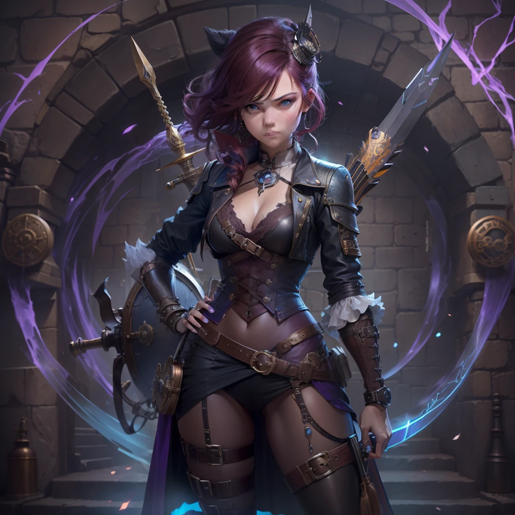 A girl with burgundy hair stands in front of a portal to a dungeon with a sword in her hands and a lacquer and quiver of arrows behind her back, Her blue eyes glow, and it's as if purple power energy is emanating from her body, Her clothes are black, ((in a modern steampunk style))