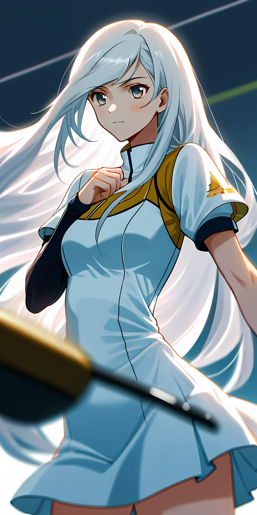 （tmasterpiece，best qualtiy），1 girl with long white hair，Sports Girl，adolable，slim，Raised sexy，her hand under her chin，warmly lit，white dresses，Blurred foreground