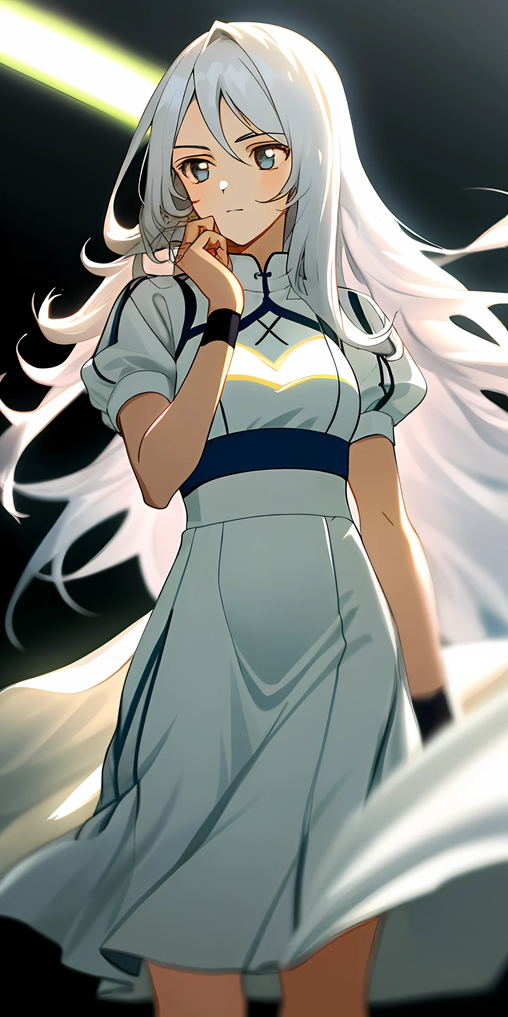 （tmasterpiece，best qualtiy），1 girl with long white hair，Sports Girl，adolable，slim，Raised sexy，her hand under her chin，warmly lit，white dresses，Blurred foreground