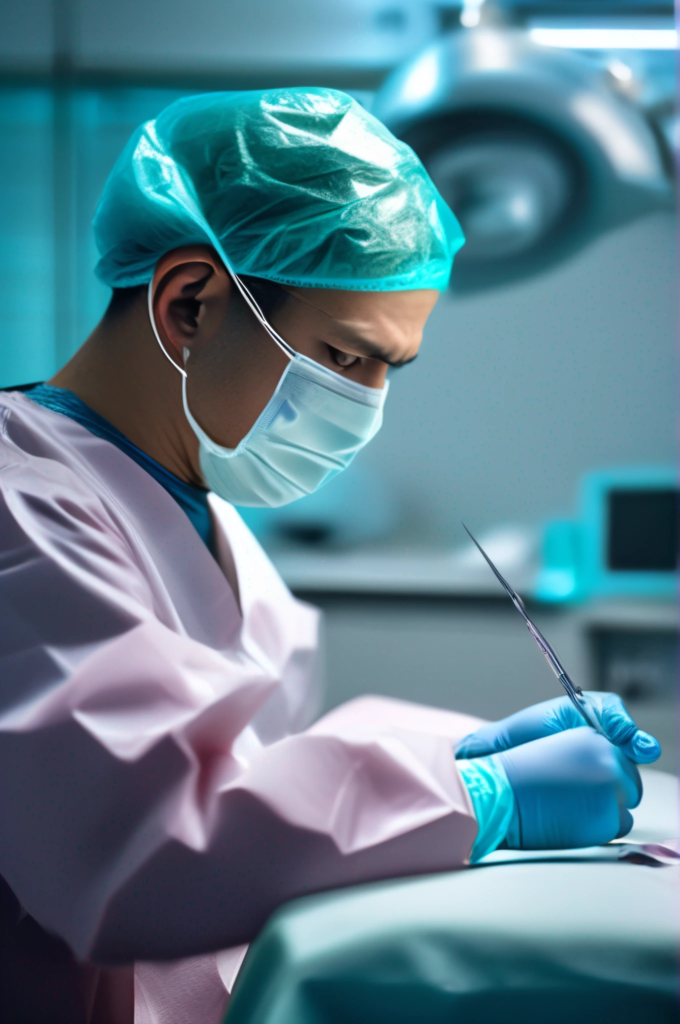 A male doctor who carefully operates a scalpel to remove a tumor [Surgical gowns, serious, self-assured, focus-on, Meticulous operation]，Real scenes during surgery