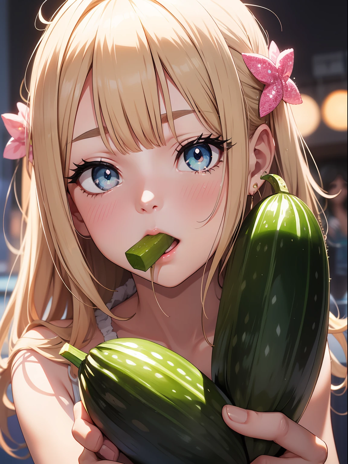 Ecchi、Ecchi、Ecchi、Eye color is pink、a blond、Shoulder Dress、cute little、Transcendent Cute、Idol、sparkly eyes、Eat fresh cucumbers、mouth-watering、夏天、