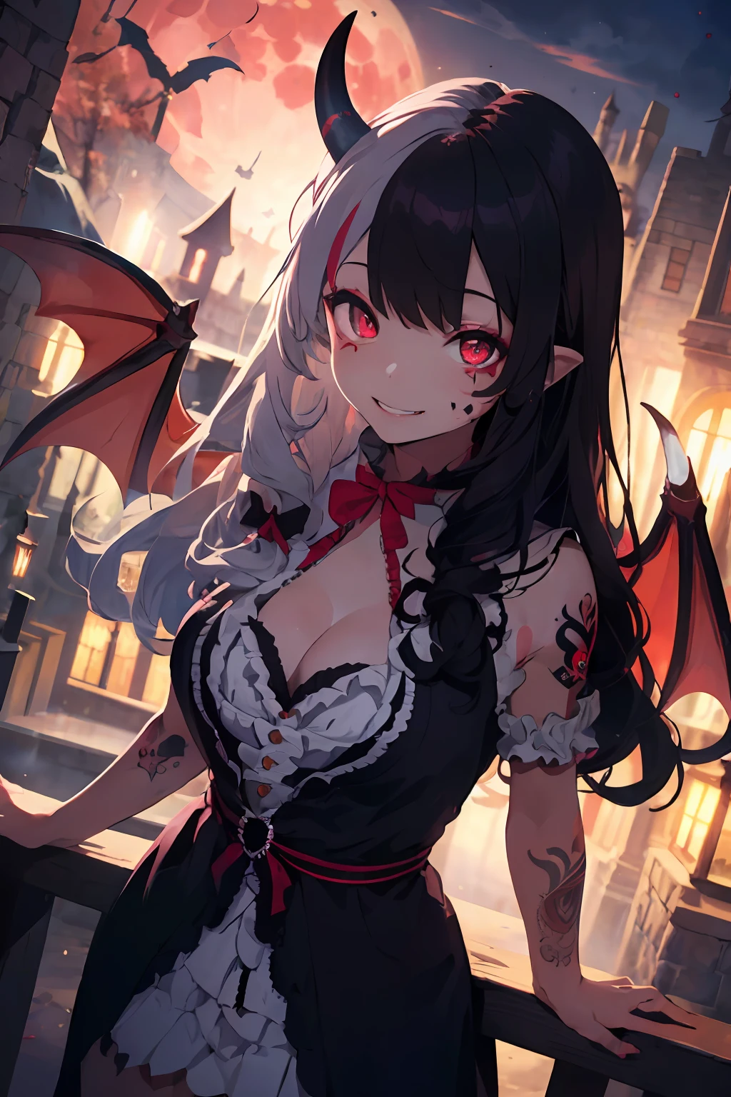 (Masterpiece: 1.2, Best Quality), (Best Lighting, Very Delicate and Beautiful), (Best Lighting, Very Delicate and Beautiful), (Beautiful Detailed Face), (Detailed Eyes and Detailed Face: 1.2), Dark Fantasy, (Young Girl, Little Beast, 1girl, Solo, Crazy Smile, Pale Skin,D Cup,Cleavage, ((Big tattoo with all over body)) gray hair, Red glowing eyes, Dynamic Angle, Vampire), (Get a vampire castle in the background), (Red Moon, Red Sky), pointy_ears, Fangs, Oni wings, Oni horns, Blood on the face, Blood Rain, Blood Mist, (Depth of Field), High Contrast, (Blood Splash: 1.4), Cowboy Shot, Full Body,