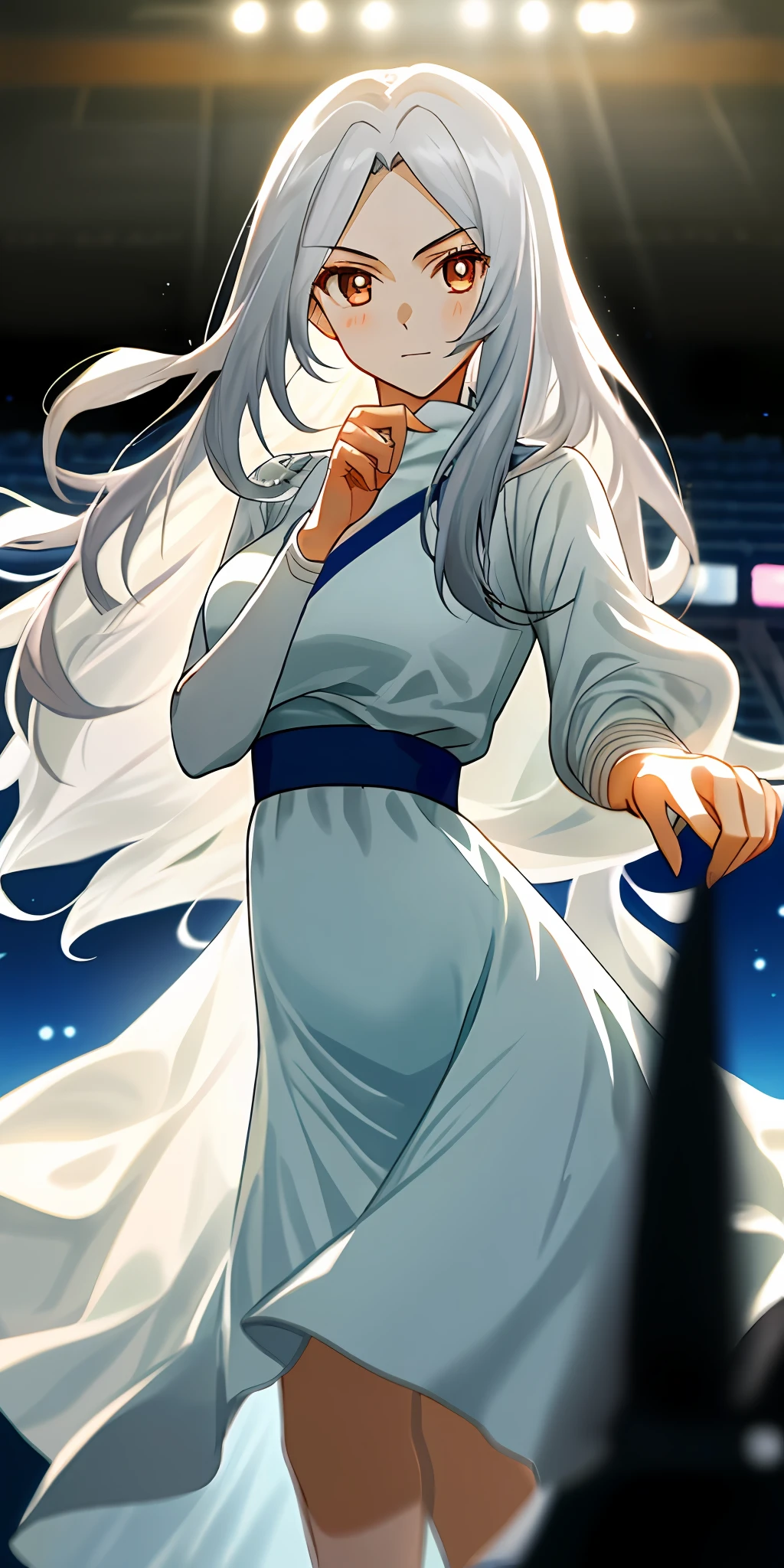 （tmasterpiece，best qualtiy），1 girl with long white hair，Sports Girl，adolable，slim，Raised sexy，her hand under her chin，warmly lit，white dresses，Blurred foreground