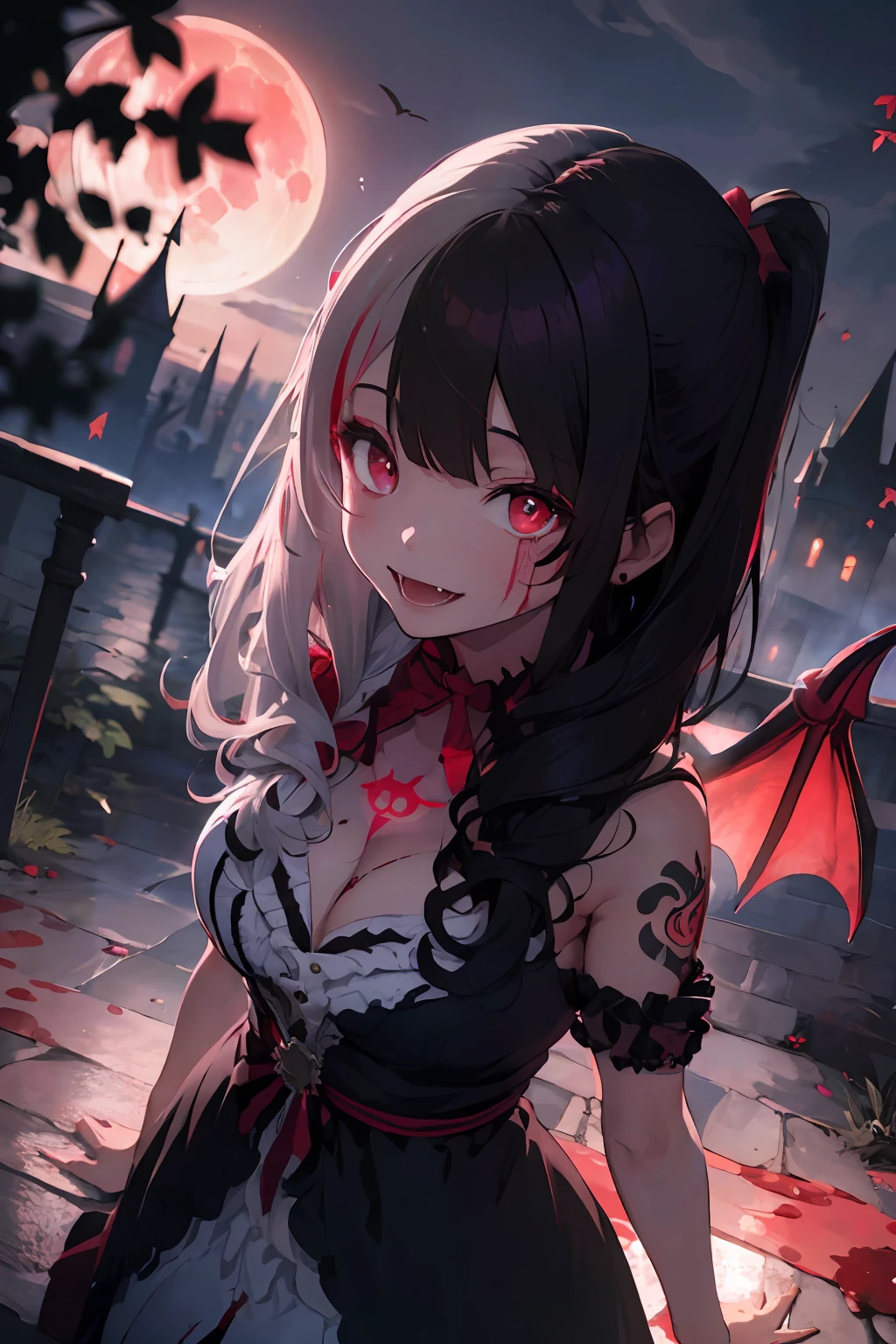 (Masterpiece: 1.2, Best Quality), (Best Lighting, Very Delicate and Beautiful), (Best Lighting, Very Delicate and Beautiful), (Beautiful Detailed Face), (Detailed Eyes and Detailed Face: 1.2), Dark Fantasy, (Young Girl, Little Beast, 1girl, Solo, Crazy Smile, Pale Skin,D Cup,Cleavage, ((Big tattoo with all over body)) gray hair, Red glowing eyes, Dynamic Angle, Vampire), (Get a vampire castle in the background), (Red Moon, Red Sky), pointy_ears, Fangs, Oni wings, Oni horns, Blood on the face, Blood Rain, Blood Mist, (Depth of Field), High Contrast, (Blood Splash: 1.4), Cowboy Shot, Full Body,