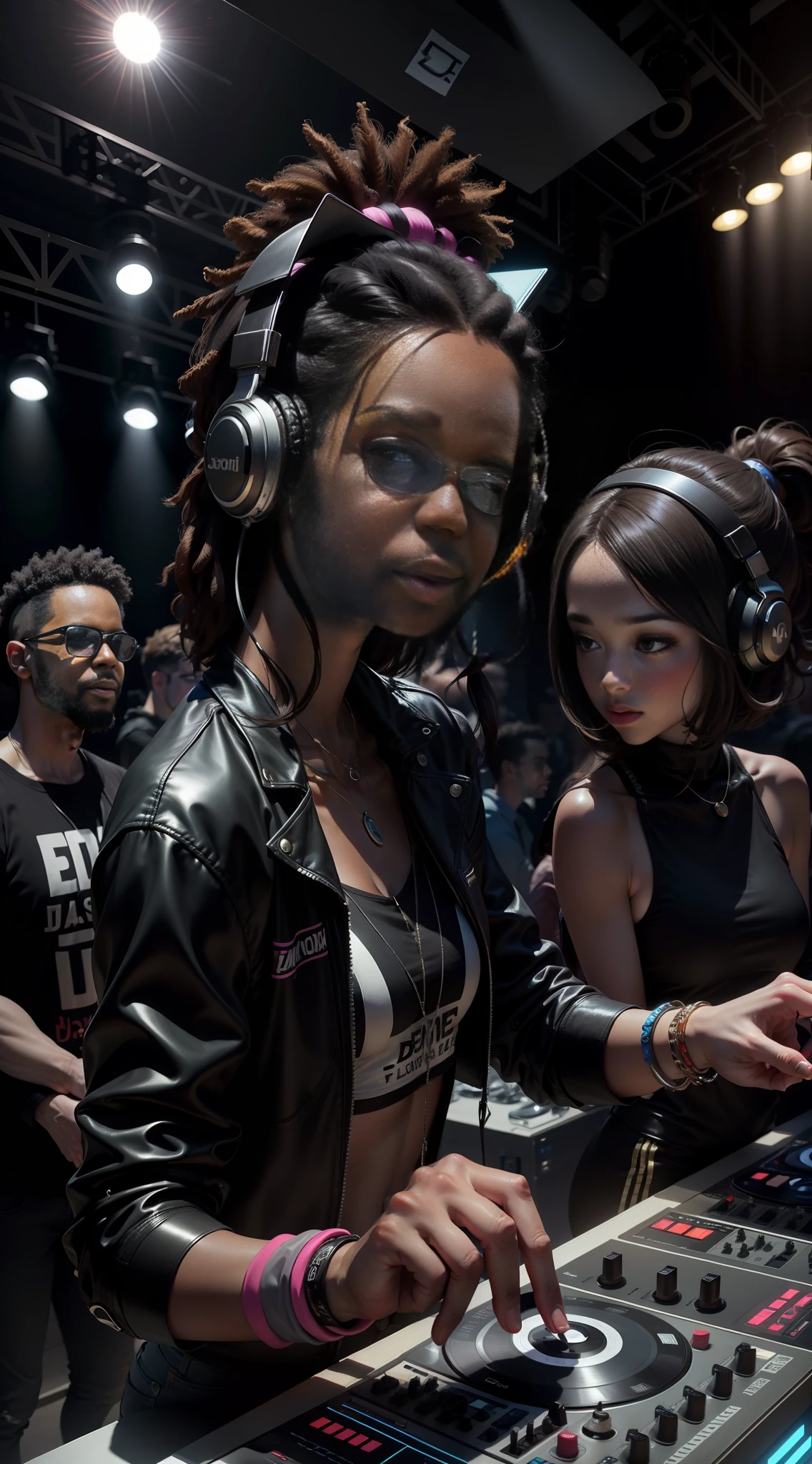 "A black disc jockey playing a record at a party." dj plus femme, moins enfant, The man behind and the greatest perfect proportion of light on the man behind the DJ, The other prettier girl, mains parfaite, the energetic audience put my face in the DJ's place... More realism overall more audience pretty girls the character behind closer to the model and a little taller, faisant le signe de la victoire en direction de la camera. mains dj corriges, plus de public feminin dansant.