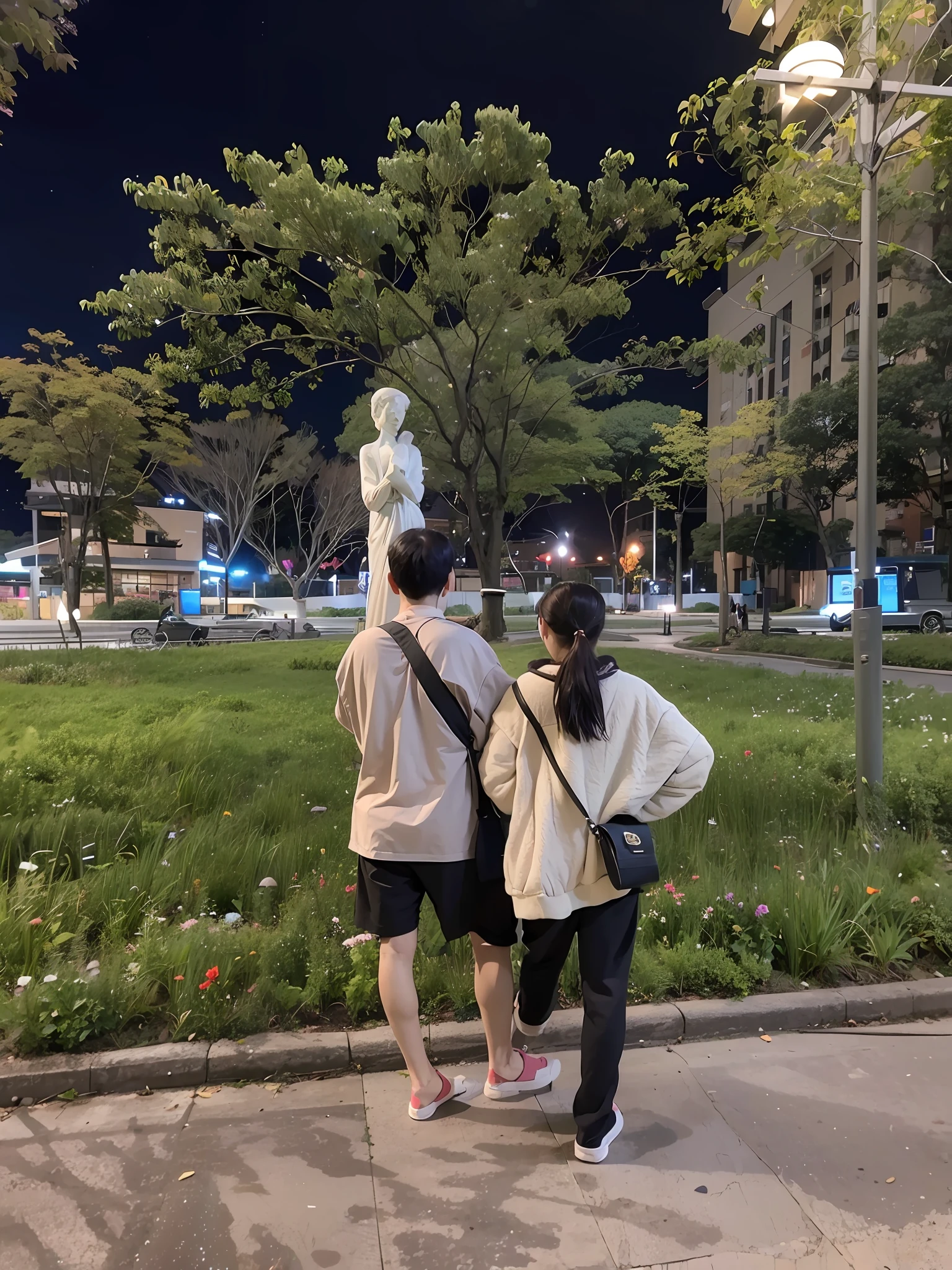 there are two people walking down the sidewalk at night, park in background, with a park in the background, posing like a statue, at night, some marble statues can be seen, with a park in the back ground, with a figure in the background, late evening, couple, time travelers appear in a park, in a city square, from the distance