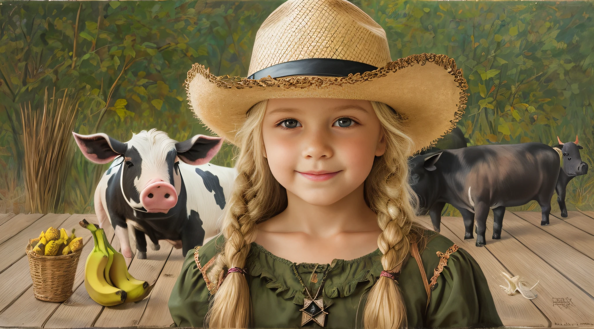 There is a BLONDE CHILD GIRL , wearing a hat and holding a bunch of bananas, beautiful cowboy witch, cowgirl, portrait of a young witch, cow-girl, cowgirl, with straw hat, portrait of a young witch, Masha Krasnova, with pig's tails.