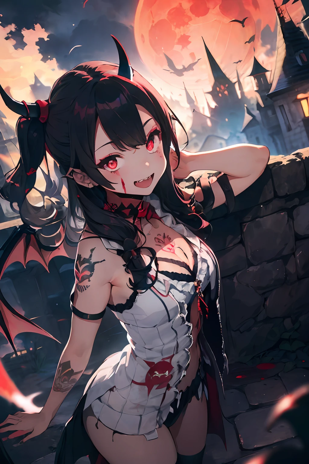 (Masterpiece: 1.2, Best Quality), (Best Lighting, Very Delicate and Beautiful), (Best Lighting, Very Delicate and Beautiful), (Beautiful Detailed Face), (Detailed Eyes and Detailed Face: 1.2), Dark Fantasy, (Young Girl, Little Beast, 1girl, Solo, Crazy Smile, Pale Skin,D Cup,Cleavage, ((Big tattoo with all over body)) gray hair, Red glowing eyes, Dynamic Angle, Vampire), (Get a vampire castle in the background), (Red Moon, Red Sky), pointy_ears, Fangs, Oni wings, Oni horns, Blood on the face, Blood Rain, Blood Mist, (Depth of Field), High Contrast, (Blood Splash: 1.4), Cowboy Shot, Full Body,