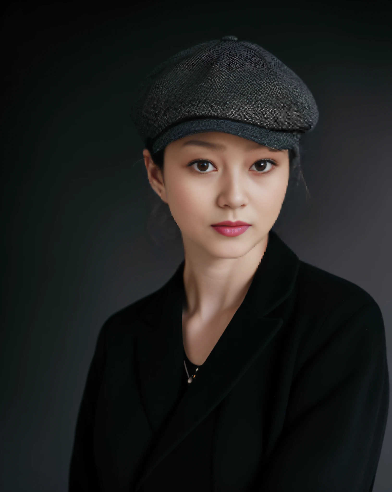 arafed woman in a black coat and hat posing for a picture, 7 0 mm portrait, 60mm portrait, high quality portrait, 50mm portrait, close up portrait photo, portrait fashion model, fashion portrait, sharp looking portrait, 1 3 5 mm nikon portrait, portrait of a beautiful model, wearing newsboy cap, editorial portrait, fine art portrait photography