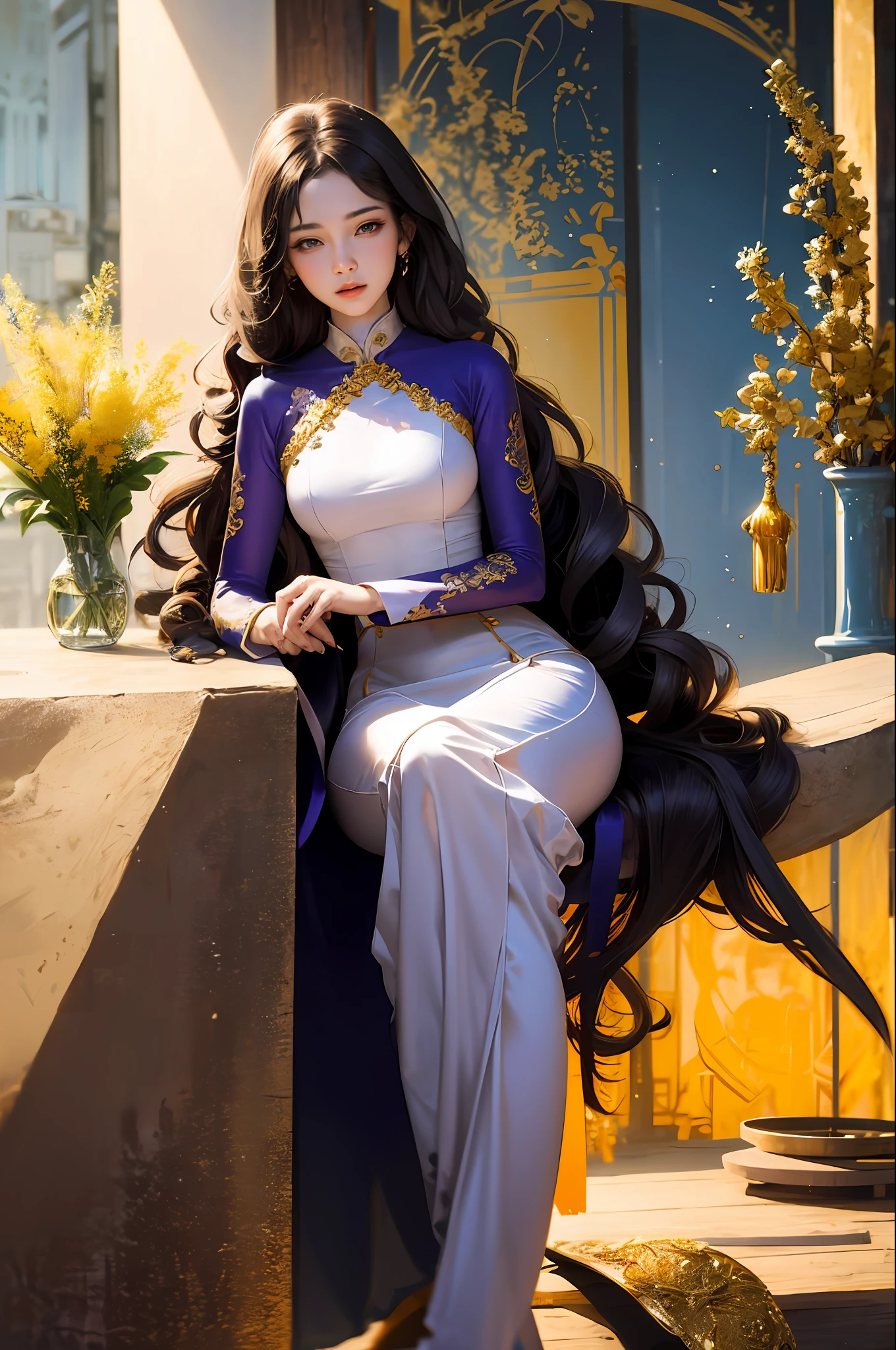 (masterpiece, top quality, best quality, official art, beautiful and aesthetic:1.2), (1girl), extreme detailed,colorful,highest detailed, official art, unity 8k wallpaper, ultra detailed, beautiful and aesthetic, beautiful, masterpiece, best quality, (zentangle, mandala, tangle, entangle,ao dai) ,holy light,gold foil,gold leaf art,glitter drawing, PerfectNwsjMajic,ao dai Vietmam