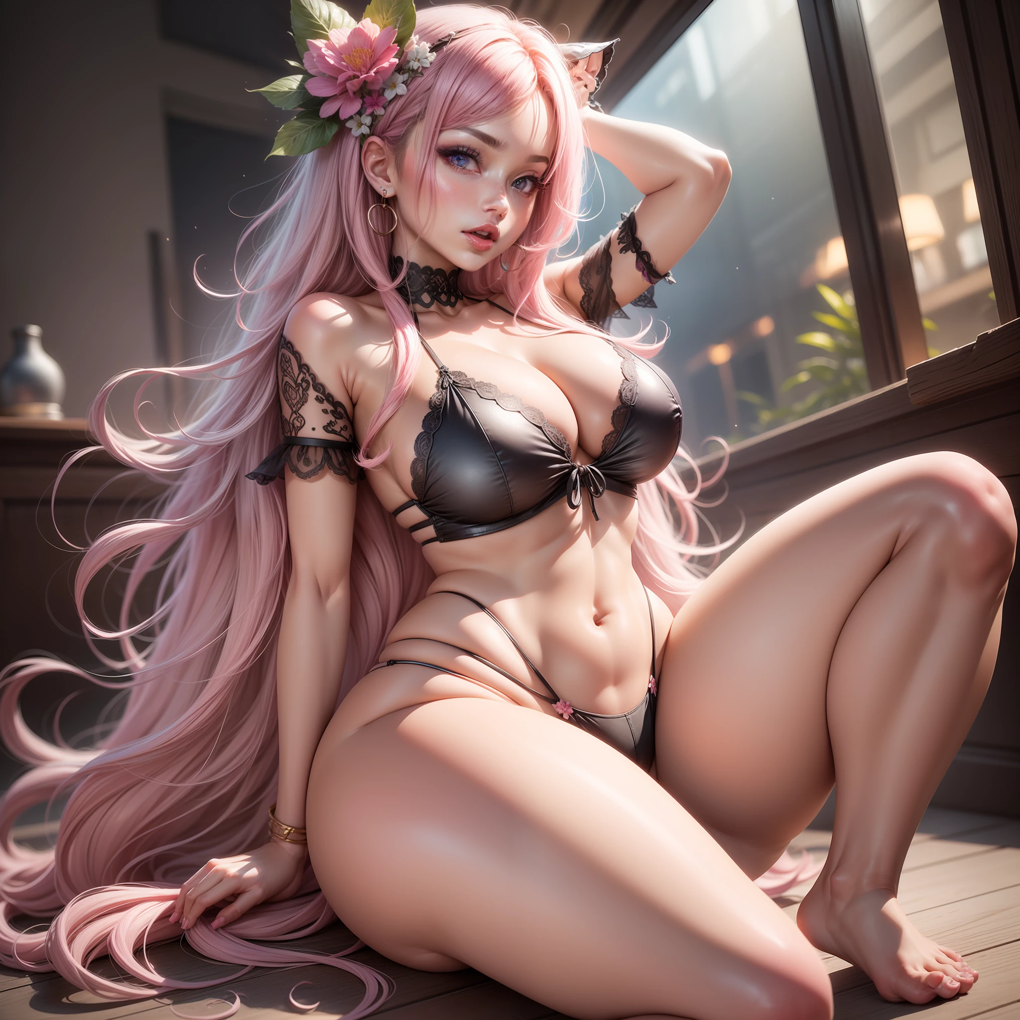 Best quality,Amazing,Masterpiece,Delicate,超高分辨率,Ultra detailed,intricately details,Beautiful detailed,8K resolution,(Extremely detailed Cg Unity 8K wallpaper),Sharp focus,((No text)),breast conscious,gigantic cleavage breasts,Areola Slip,Covered,Bursting breasts,Lively breasts,framed breasts,High transparent light pink mini bikini，High transparent light pink mini bikini，High transparent light pink mini bikini,Tongue stock,Makeup,cheerfulness,Reflectors,ahegao,Pink eyes,Heart earrings,1,Solo,Female pervert,view the viewer,hair flower,Long hair,multicolored hair,Shiny hair,Barefoot,Bottomless,Thick thighs,Bare legs,Thighs open, Thighs open