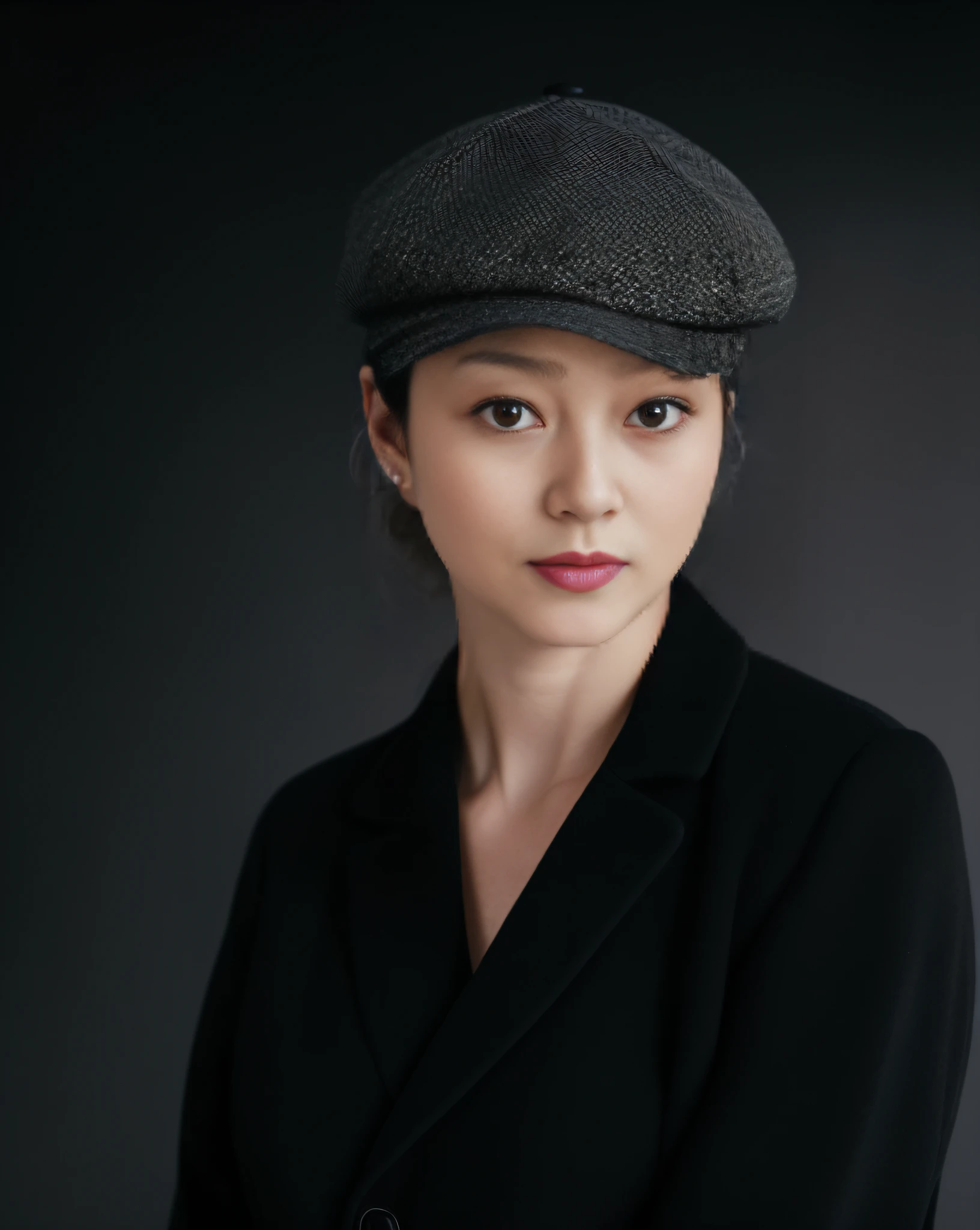 arafed woman in a black coat and hat posing for a picture, 7 0 mm portrait, 60mm portrait, high quality portrait, 50mm portrait, close up portrait photo, portrait fashion model, fashion portrait, sharp looking portrait, 1 3 5 mm nikon portrait, portrait of a beautiful model, wearing newsboy cap, editorial portrait, fine art portrait photography