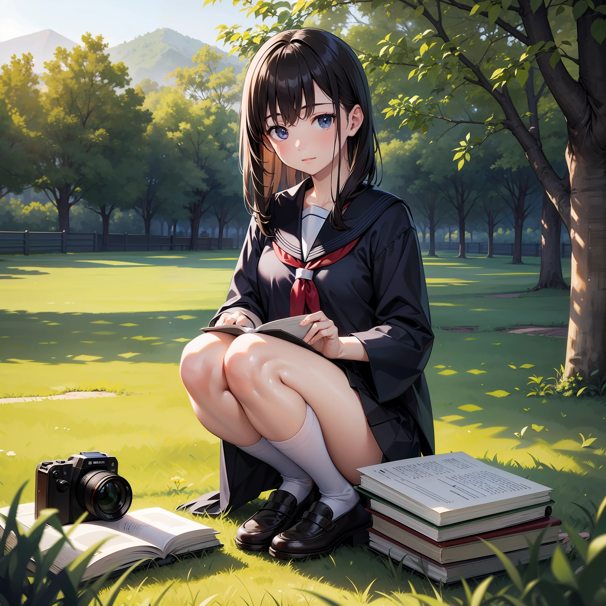 Masterpiece grade CG,The best image quality and detail,Photo-level realism(1.4)。(1girl),Japanese School Uniform,looking at book,Under the trees,Surrounded by grass --aut