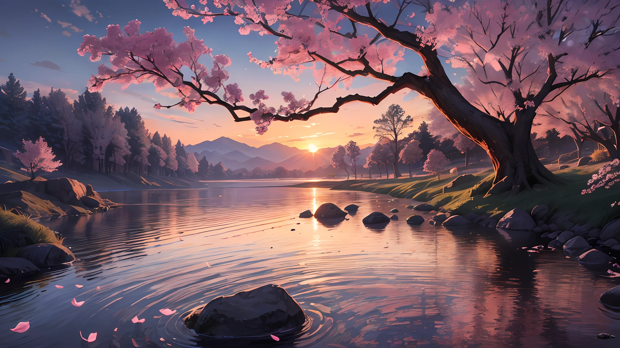 (masterpiece, best quality:1.2), ultra detailed, cinematic lighting, HDR, ilustration, landsape, sunrise, cherry blossom, impressive, chill, inspirational,