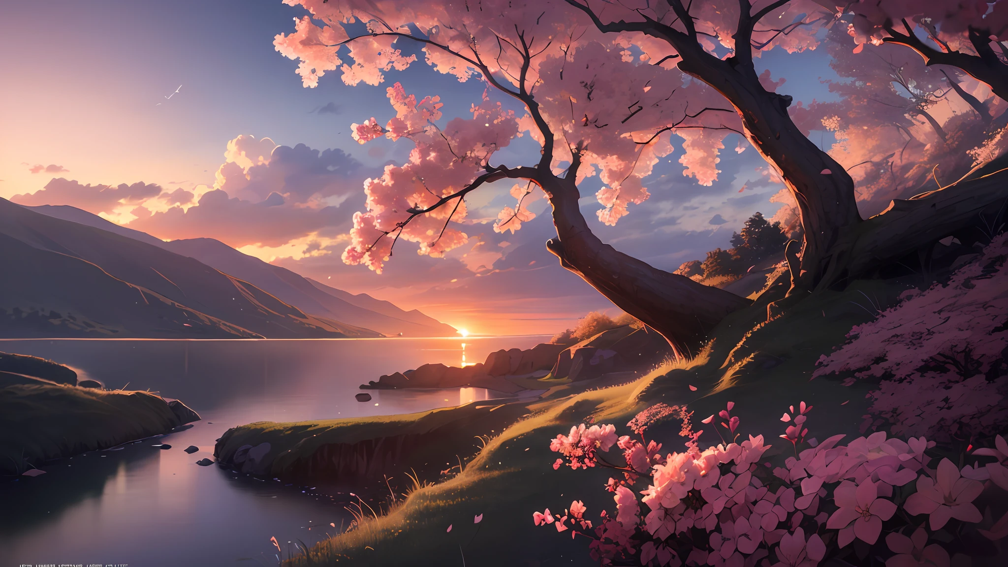 (masterpiece, best quality:1.2), ultra detailed, cinematic lighting, HDR, ilustration, landsape, sunrise, cherry blossom, impressive, chill, inspirational,