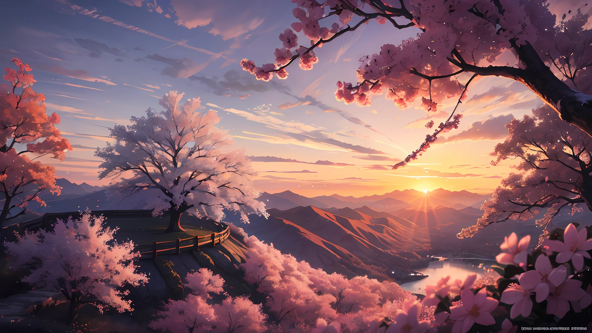 (masterpiece, best quality:1.2), ultra detailed, cinematic lighting, HDR, ilustration,  landsape,  sunrise,  cherry blossom, impressive, chill, inspirational,
