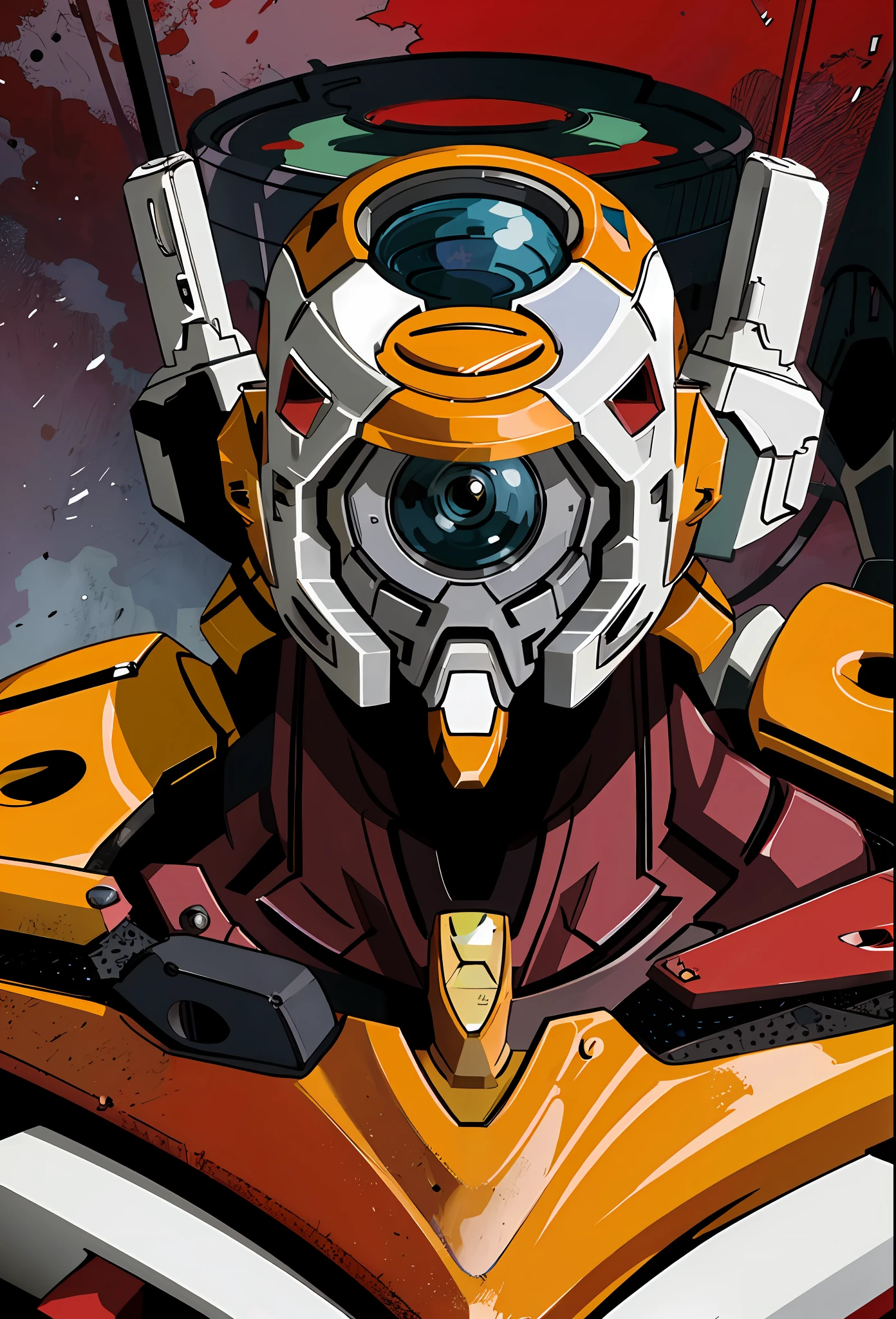 (eva 00:1.2), evagod, evangelion mecha, science fiction, looking at viewer, (official art, Best quality, masterpiece:1.2), illustration, high res, beautiful abstract background, Futurism, cyberpunk, close-up