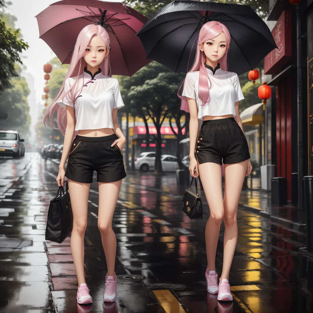 one-girl,Chinese nationality,Slim figure,The golden ratio of figure,Long hair and waist,Pink skin,Pale pink lips,Hair gradients,The hair color from top to bottom is brown to pink,The eyes are moving,Modern street style,White silk on the left leg,Black silk on the right leg,personification,D罩,Full body photo,Stand with your hands crossed at the waist,Cute face shape,Playful,The corners of the mouth are slightly upturned,HEIGHT 168CM,Background with:Street coffee,outside,road,Bluestone slabs,Under the umbrella,Light rain,rain drops,The girl was drenched,You can see the skin color through the clothes,White top,Black super shorts,long leges,Black canvas shoes, --auto