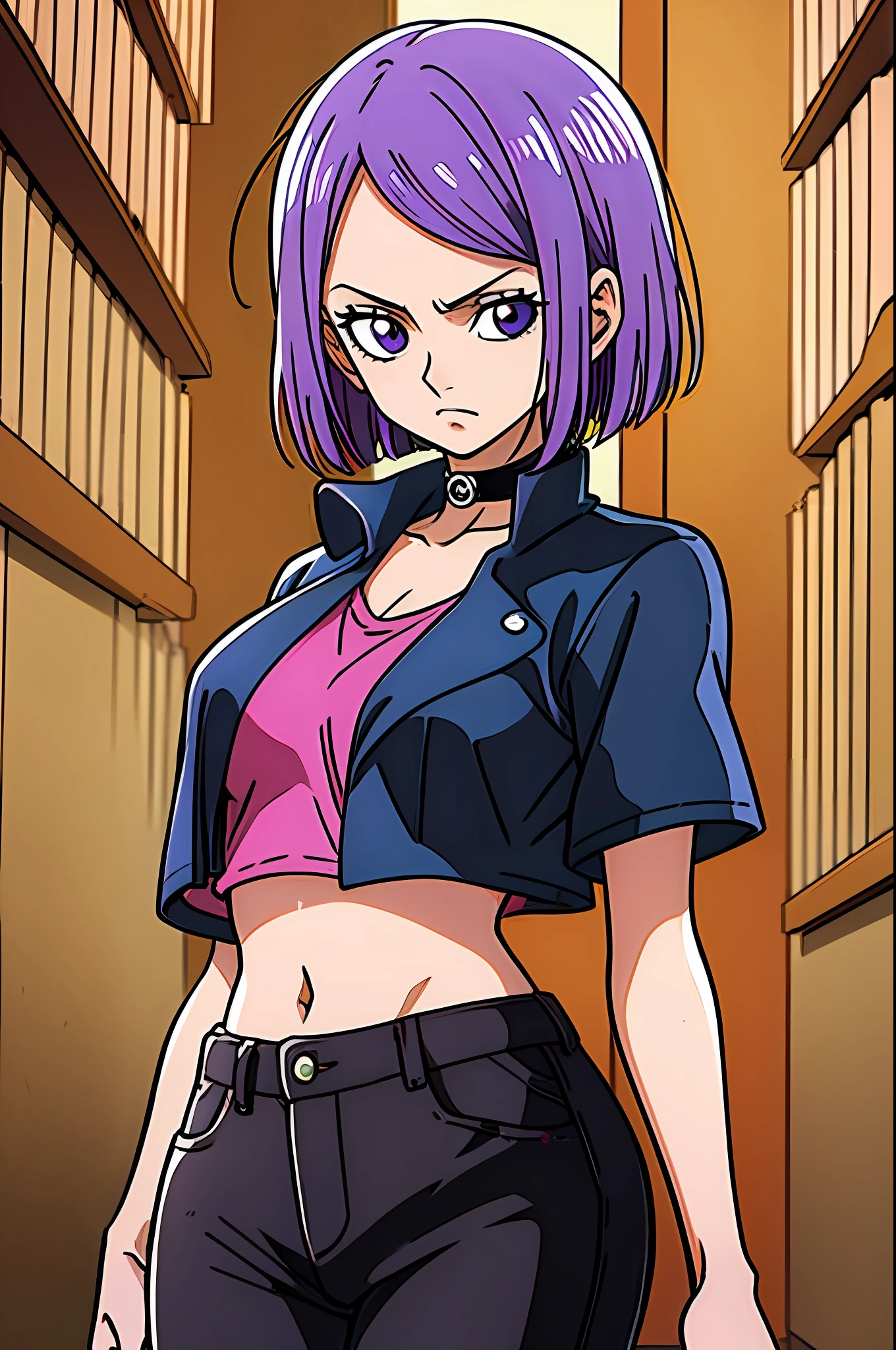 1girl, purple eyes and dark blue hair, bob cut, medium length haircut, black leather jacket, long red-colored shirt with several rips at the collar and hem, black pants, black choker, (bleach, dragon ball and one piece style), (illustrated by Eiichiro Oda, Akira Toriyama, and Tite Kubo), (style mixing), Nefertari Vivi, Bulma, Rukia Kuchiki, (character mixing)